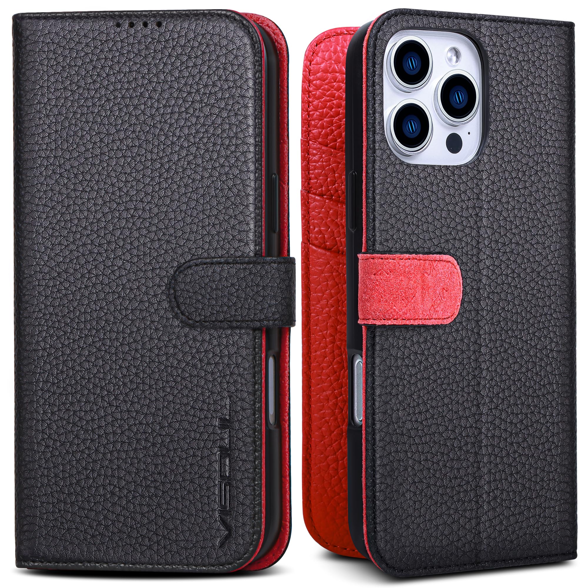 VISOUL iPhone16Pro 対応ケース 手帳型 本革 MagSafe対応 アイフォン16プロ レザーケース スマホケース iPhone16プロ ベルトマグネット型 携帯ケース iphone16 Pro ケース 横置きスタンド機能 カード収納 全面保護 柔軟なTPU素材 アイホン16 Pro レッド