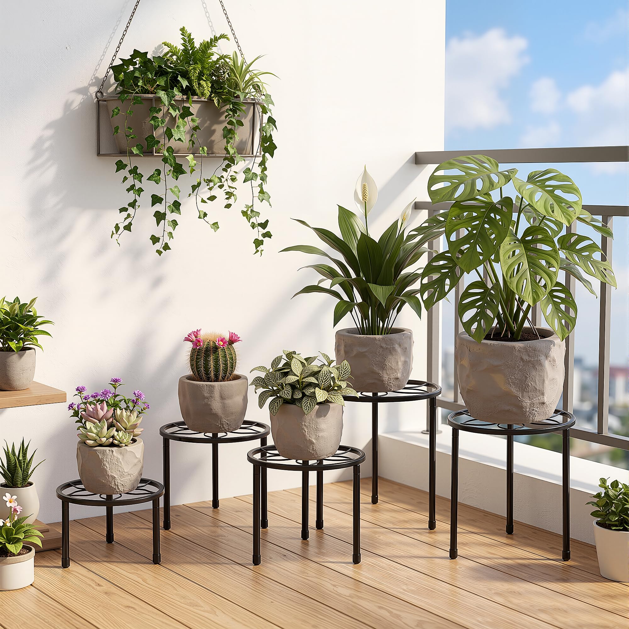 VECELO 5er-Pack Pflanzenständer aus Metall für Zimmerpflanzen, mehrere robuste Blumentopfständer/runder Pflanzenhalter für Outdoor-Pflanzgefäß, Wohnzimmer, Balkon Dekor, schwarz
