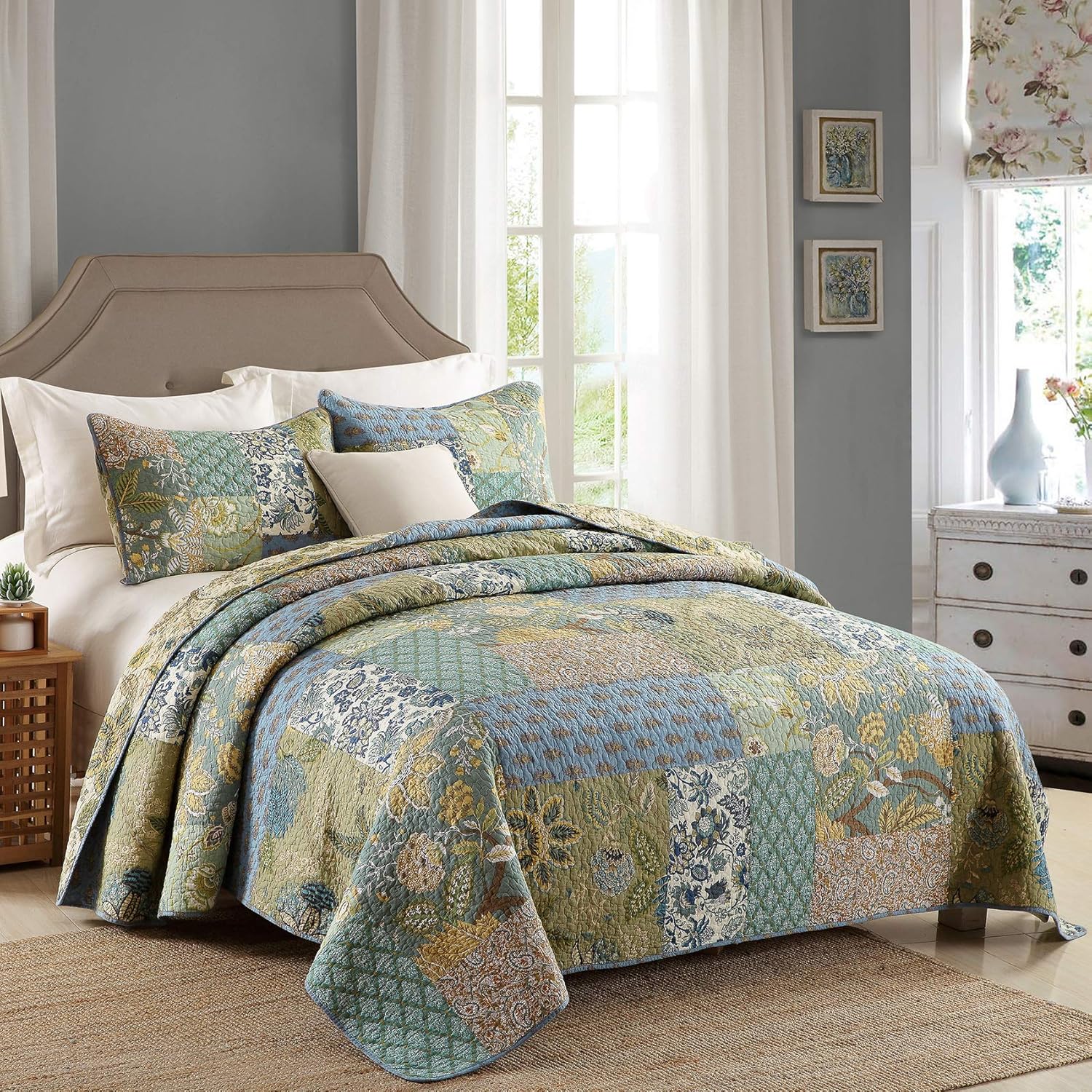 Cotton Bedspread Quilt Sets King Size, Reversible Bohemian Floral Patchwork with Real Stitched Plaid Patterns, 3-Piece Bedding Coverlet for All Season (1 Quilt + 2 Pillow Shams) - Image 3