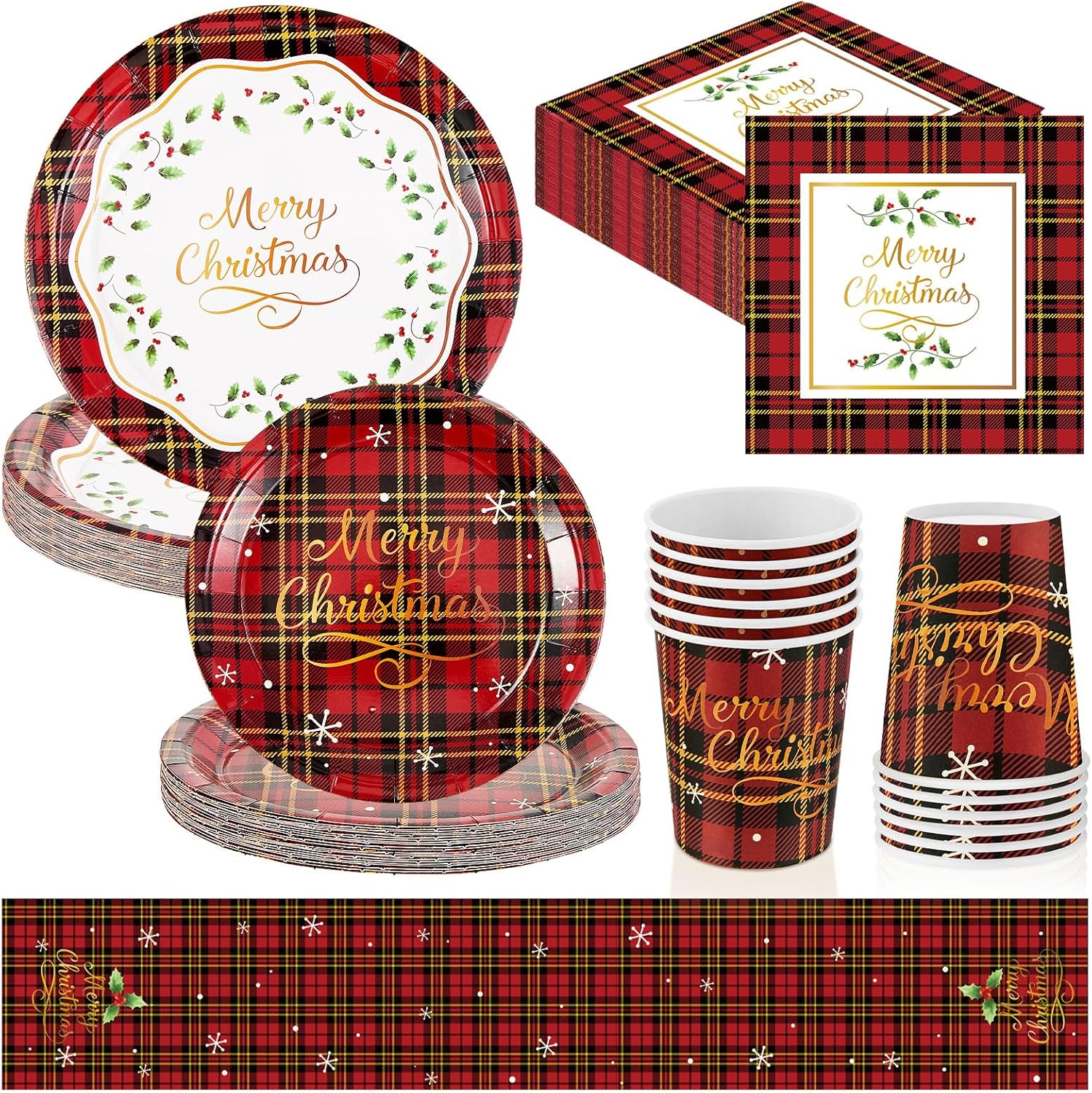 Nuenen 61 Pcs Christmas Party Tableware Set 12 Guests Plaid Xmas Disposable Dinnerware 108 x 12