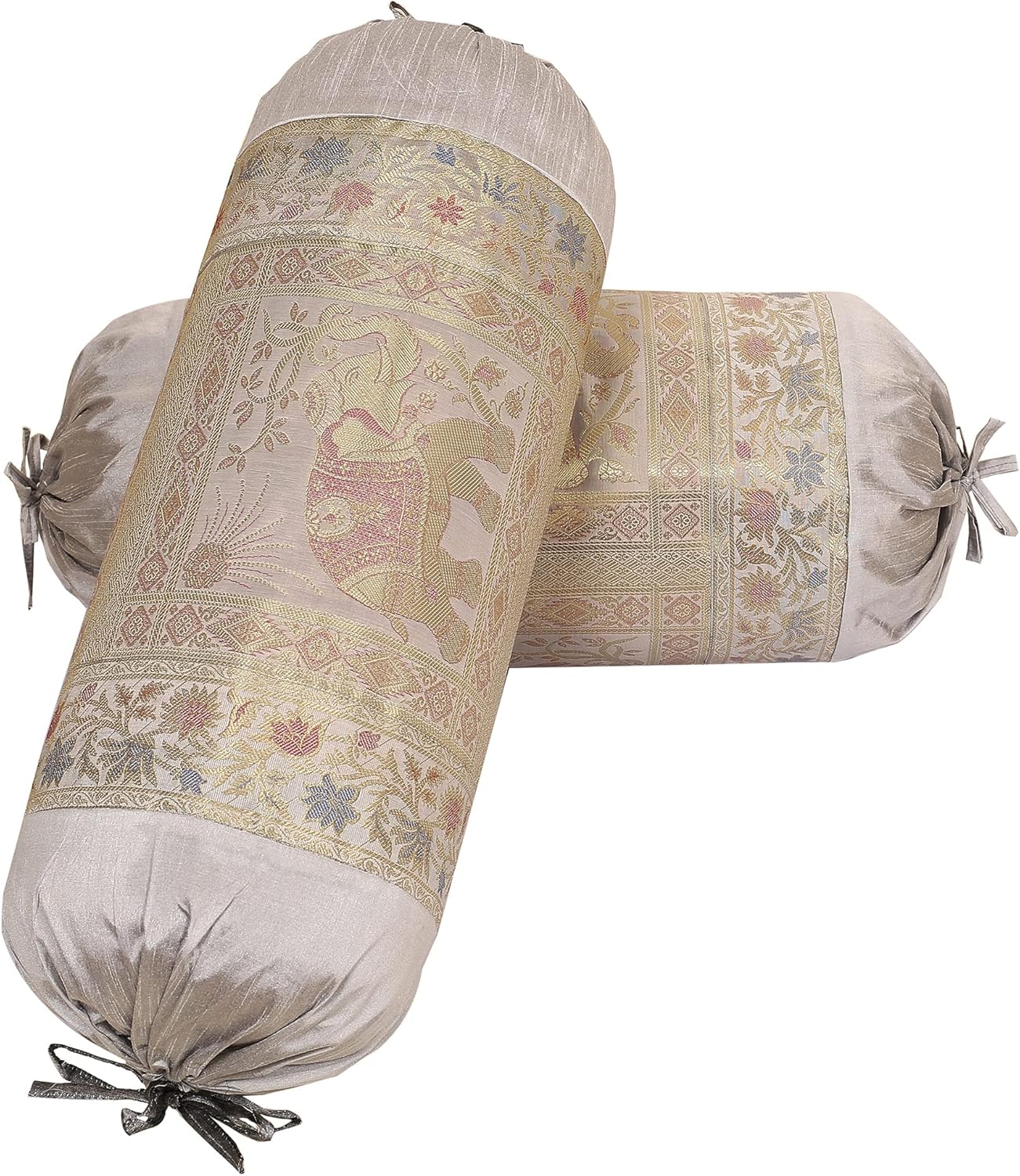 Ethnic Jacquard Brocade Silk Bolster Throw Pillow Covers for Bed Cylindrical Hotdog Grey Yoga Massand Living Room Decorative Elephant Traditional Throw Pillowcase 76x38 cm - Set of 2 Pcs