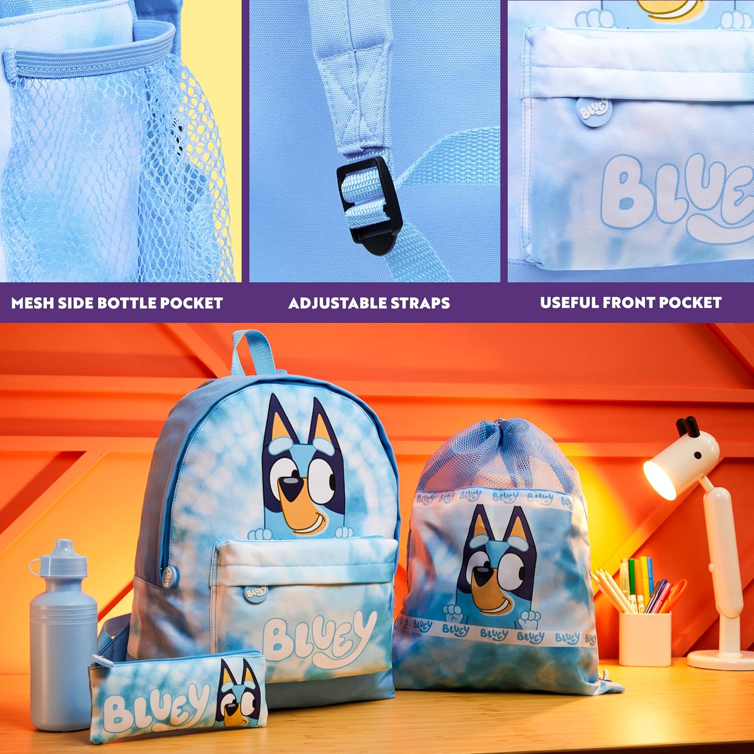 Bluey Backpack Set 4 Pcs with Water Bottle Pencil Case Modern Lunch Bag or Sports Gym Drawstring Bag Gifts for Kids Tie Dye