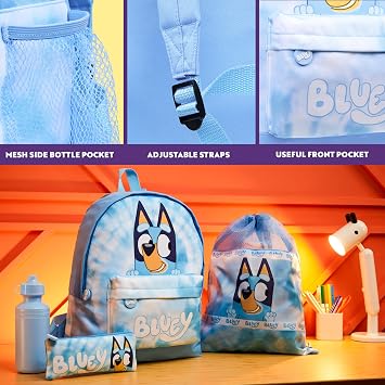 Bluey Backpack Set 4 Pcs Water Bottle Pencil Case School Bag Swim or Lunch Bag Nursery School Supplies Travel Rucksack Set Tie Dye