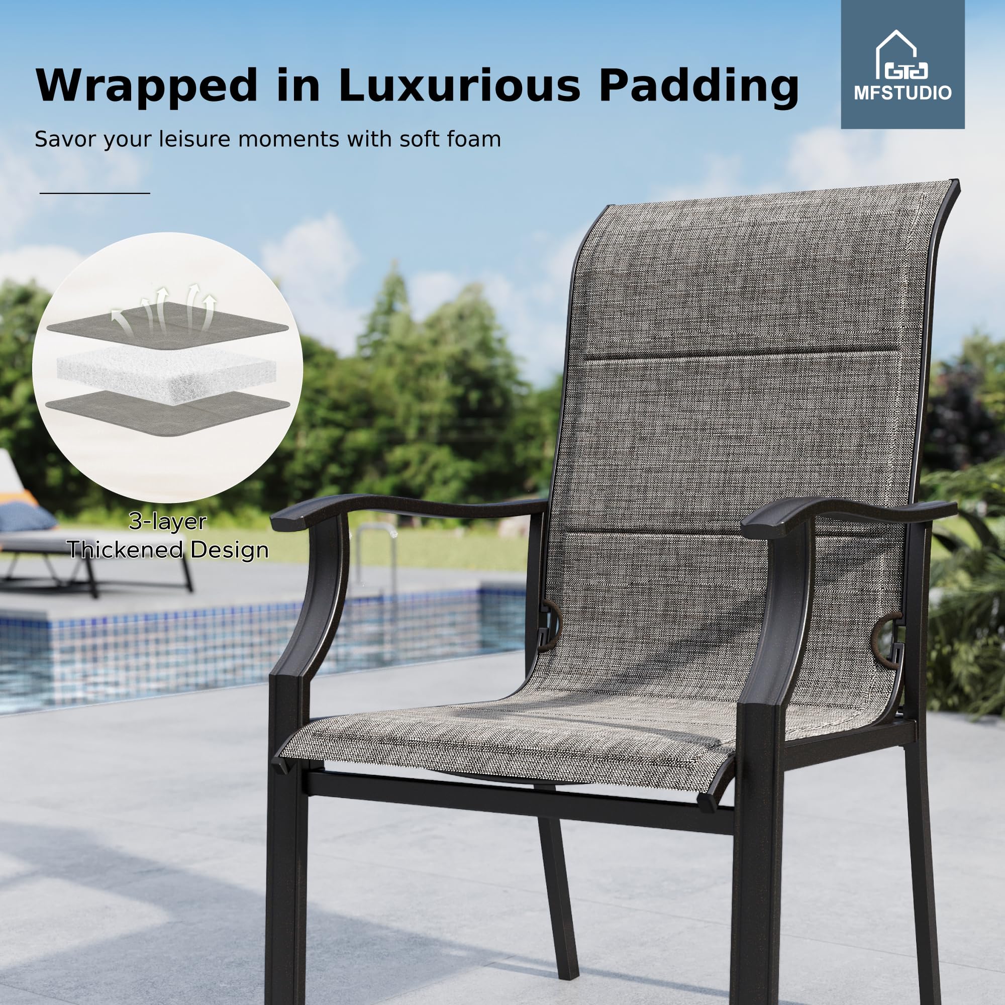 Close-up of chair seat showing padded sling fabric