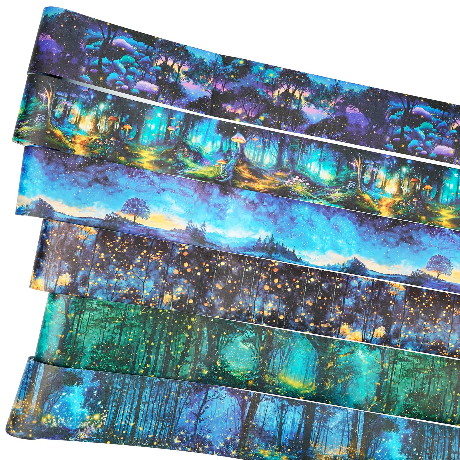 AuriicLeaf Night Forest Seamless Washi Tape Scrapbook Kit – 6 Rolls with Starry Sky, Fairy Woods & Twilight Designs for Journaling, DIY Crafts, Gift