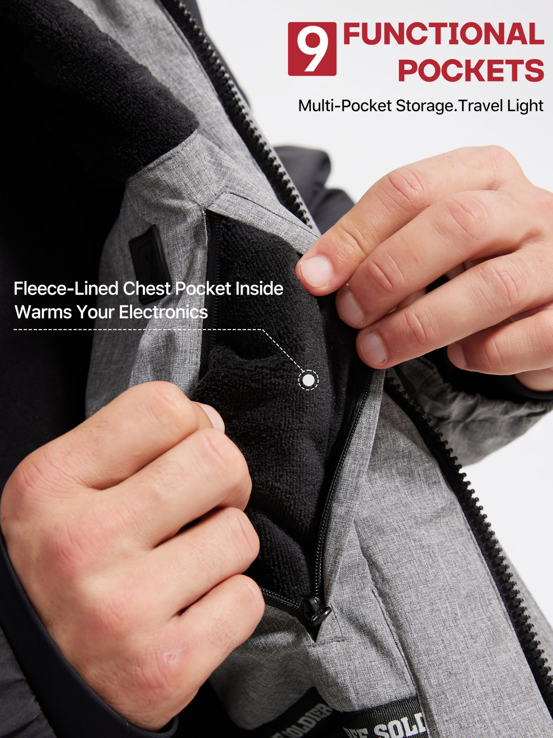 FREE SOLDIER Men's Waterproof Ski Jacket Fleece Lined Warm Winter Snow Coat with Hood Fully Taped Seams