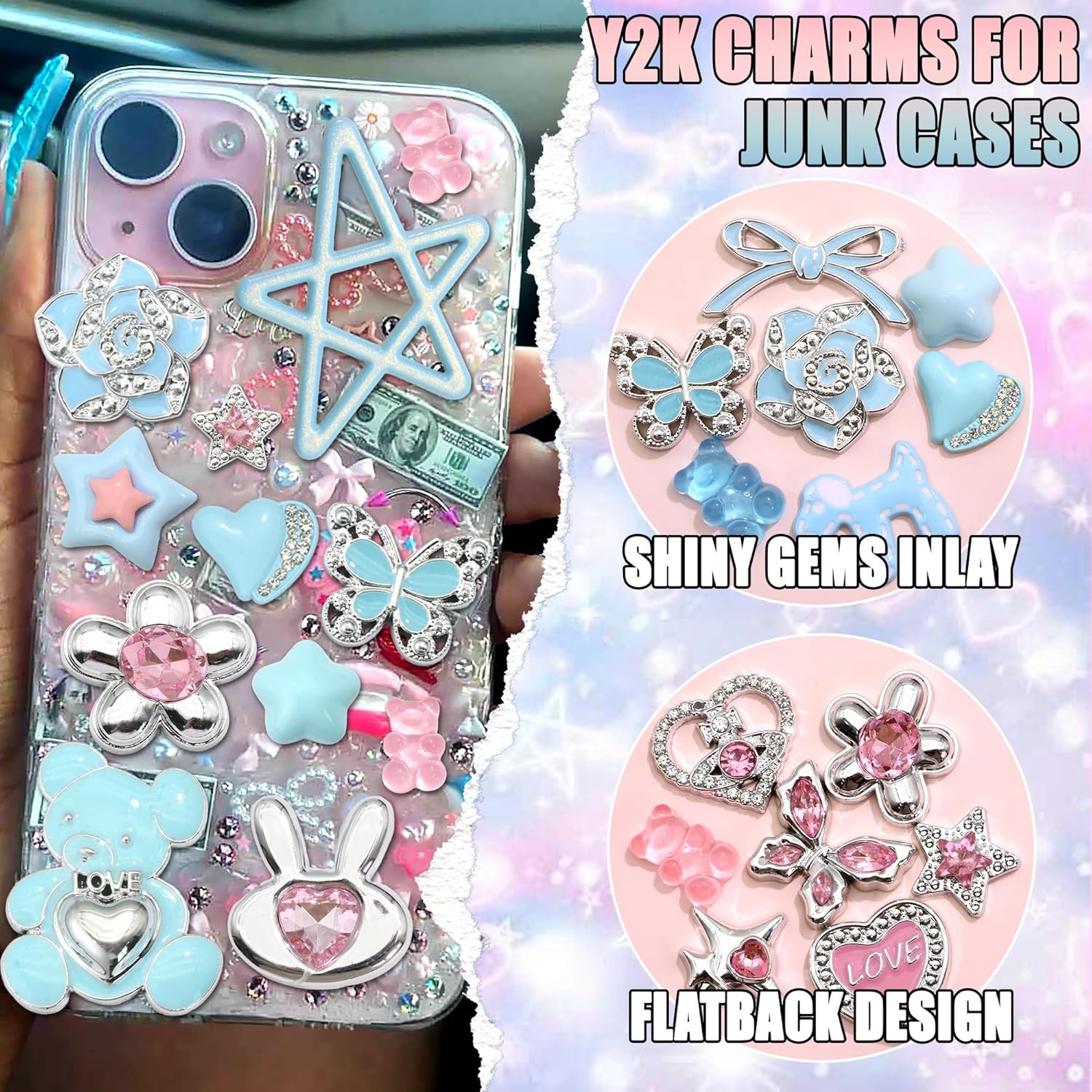 BELICEY Junk Case Charms Y2K Bow Big Charm for Junk Cases 3D Pink Star Butterfly Charms for Phone Case Blue Heart Flower Bear for Customizing Cute DIY Craft - Image 3