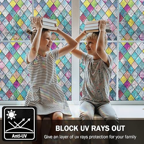 Miniatura 4 de FEOMOS Película para ventana de vitral, película de privacidad para ventana, tinte colorido de celosía, calcomanías de vidrio arcoíris para el