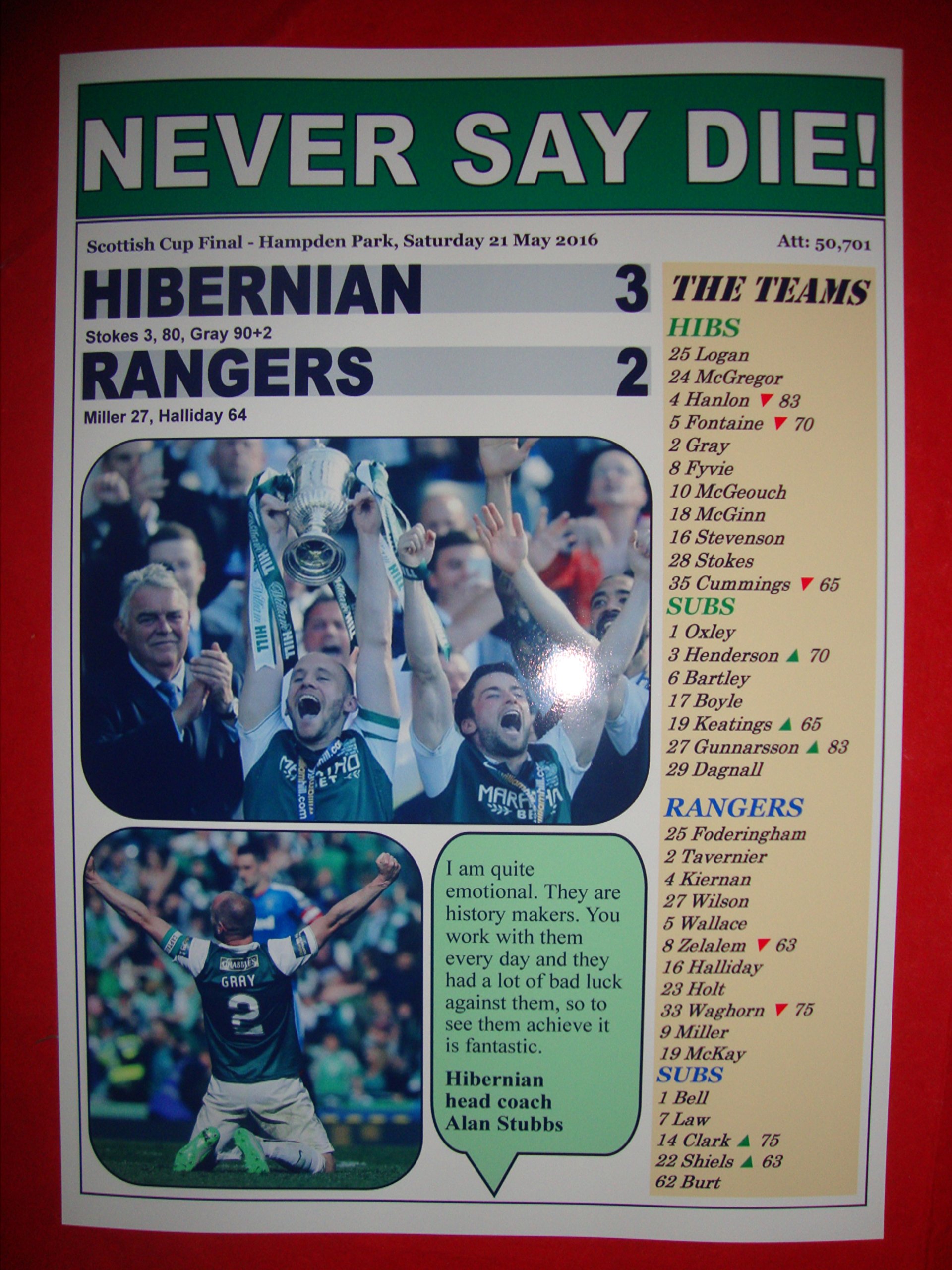Lilywhite Multimedia Hibernian 3 Rangers 2 - 2016 Scottish Cup Final - Souvenir Print