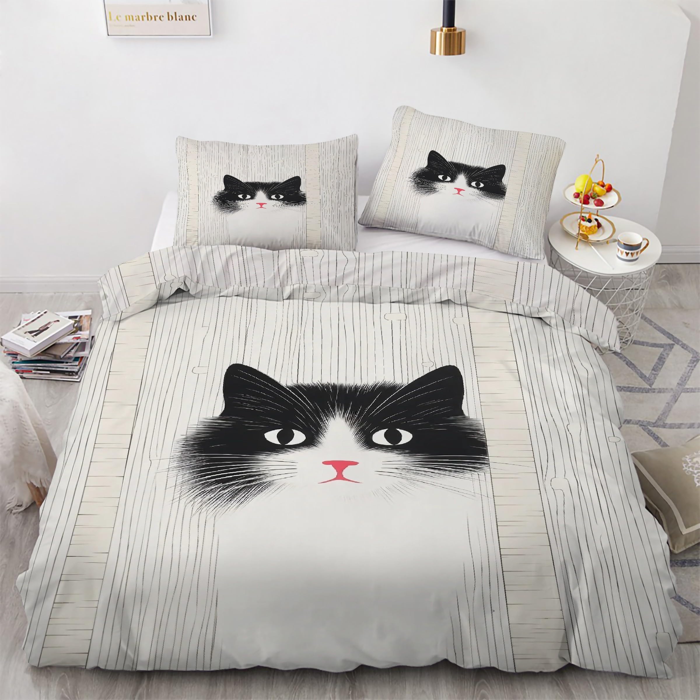 Housse de couette chat noir et blanc en microfibre douce pour chambre d'enfant