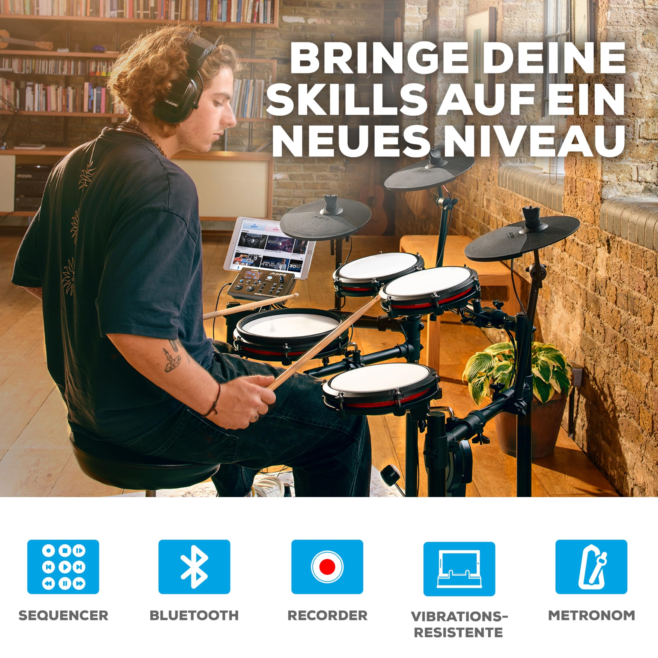 Alesis Nitro Max Kit – Kompaktes E-Drum Set mit leisen Mesh-Pads, 10" Dual-Zone Snare, Bluetooth, 440+ BFD-Sounds, Drumeo, USB MIDI, Fußmaschine
