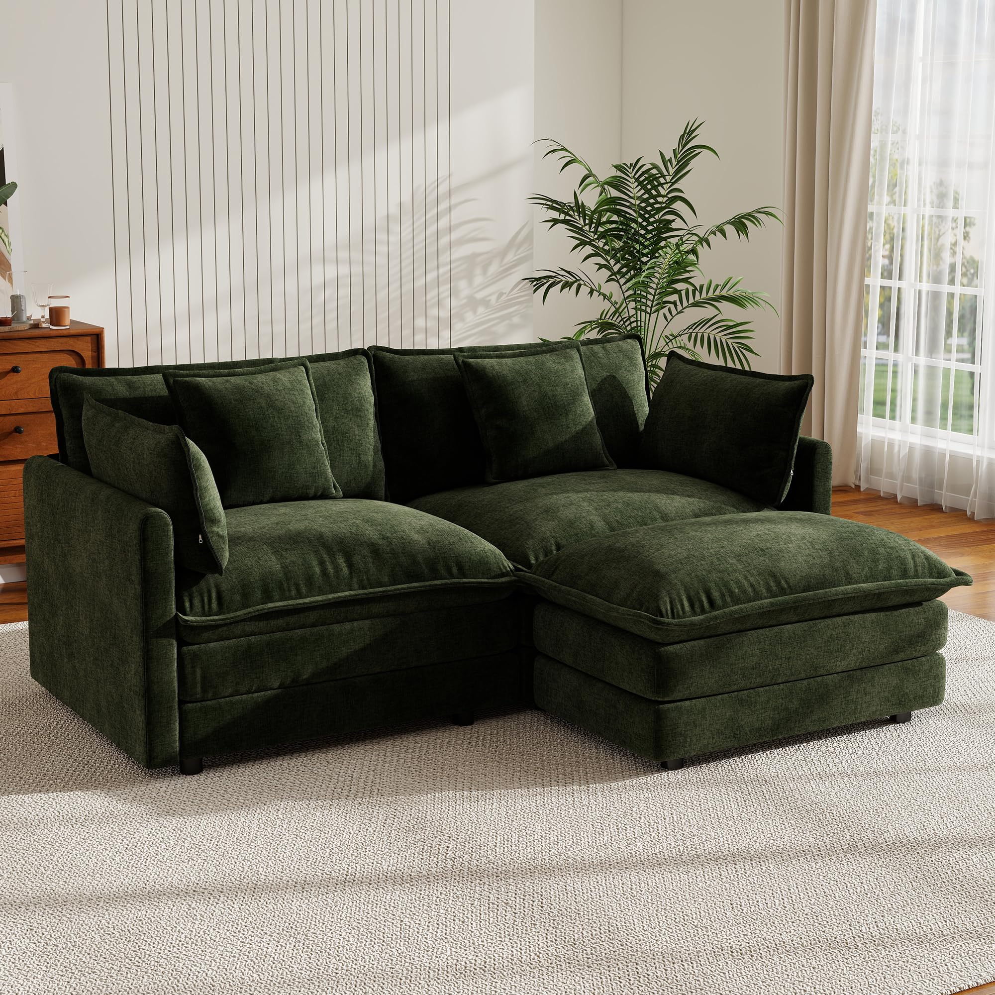 Qupeife Small Sectional Couch，76.7" Small L Shaped Cloud Sofa with Movable Ottoman,Sofa Set for Living Room,Apartments,Green