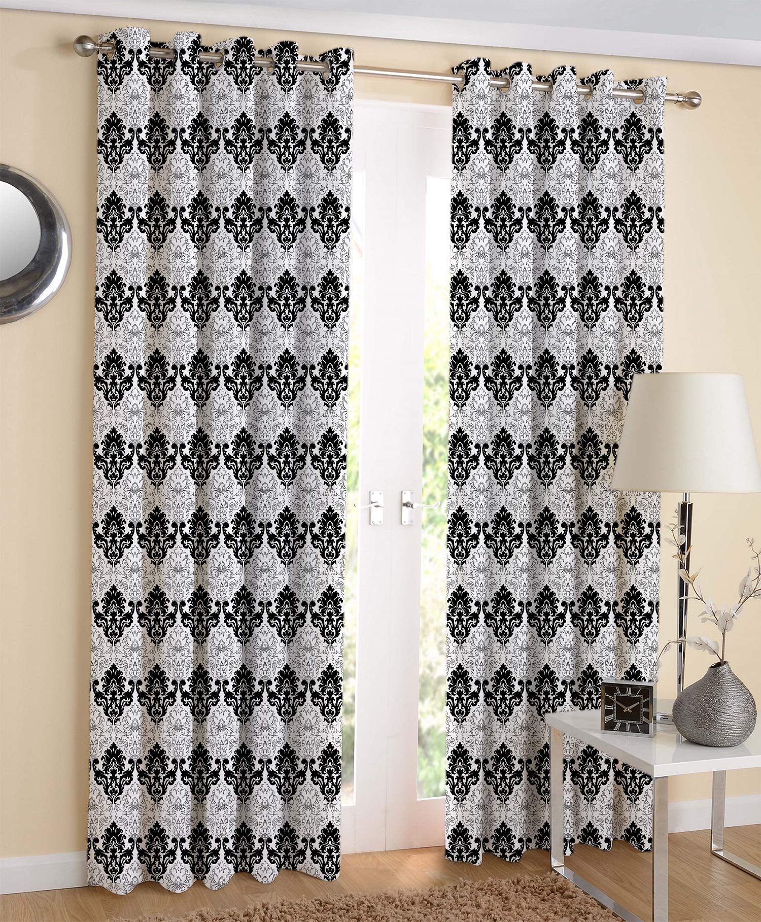 AIRWILL Cotton Print Grommet Door Curtain (Black, 7ft) - Pack of 2., Grommets