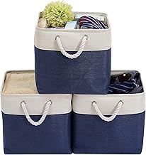 DECOMOMO Cube Storage Organizer Bins | Box Storage Cube Basket with Handles Fabric Cloth Bins for Organizing Shelf Nursery Home Closet (13" Rope Handle - 3P, Navy Blue/White)