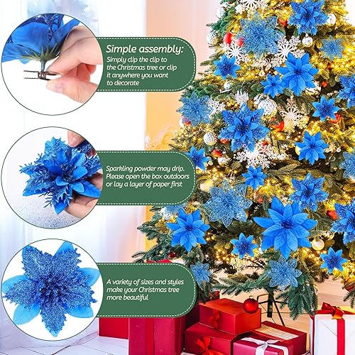 Miniatura 5 de Zeyune 36 flores de Pascua artificiales con purpurina de Navidad con clips, tallos de varios tamaños, adornos para árbol de Navidad, vacaciones,