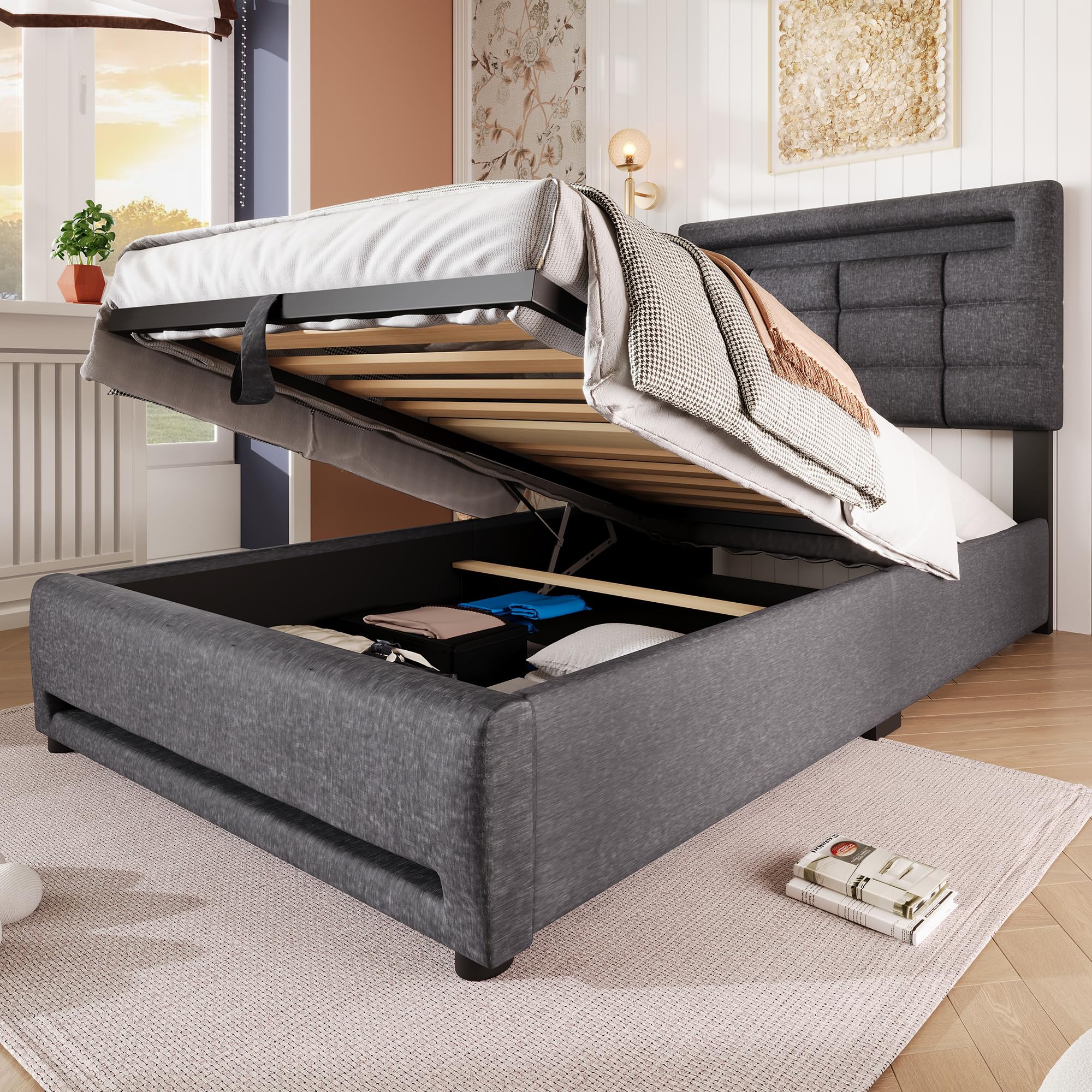 Letto Singolo con Contenitore 90x200 cm con LED e USB, Letto imbottito con Testiera e vano portaoggetti, Letto Contenitore con rete a doghe, Struttura Letto Singolo lino grigio