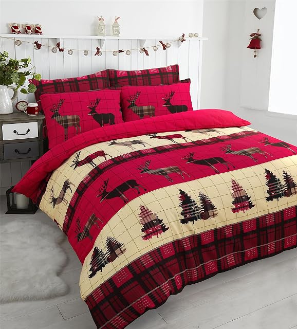 Stag Flannelette 100% Natural Brushed Cotton Luxurious Duvet Cover Sets Reversible Bedding Sets With Matching Pillowcases By NZ (Red, Double)