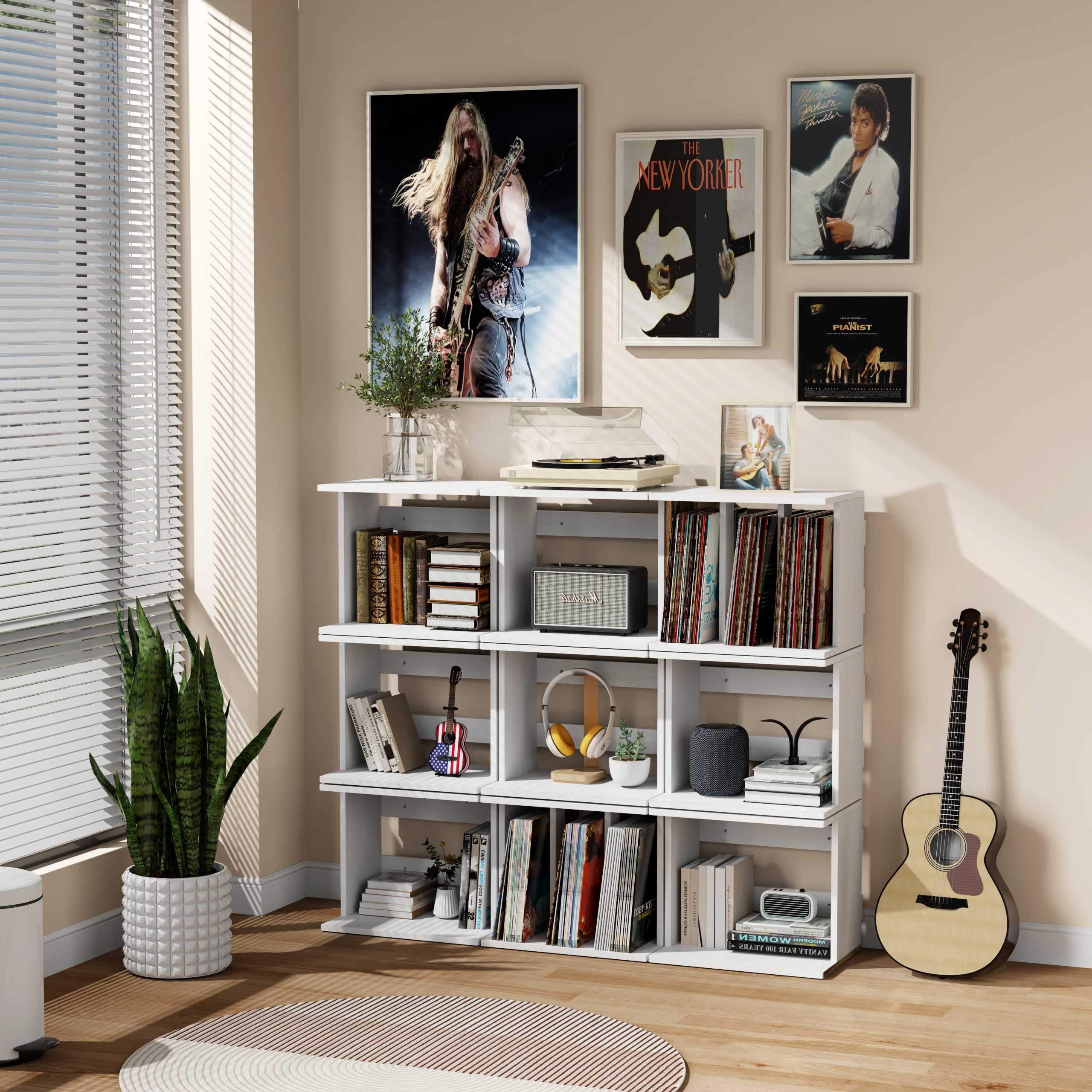 Aufbewahrungsständer für Vinyl-Plattendreher, mit Vinylablage, Wandregal für bis zu 100 Alben, 3 Fächer, Vinyl-Schrank, für Wohnzimmer, Büro, Dekoration (Vintage weiß)