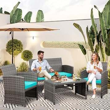 SUNLEI 4-Piece Outdoor Patio Furniture Set, Rattan Chair Wicker Conversation Set, Backyard Porch Garden Poolside Gray Rattan Sofa Set r with Cushion for Outdoor Indoor Use (Sky Blue)