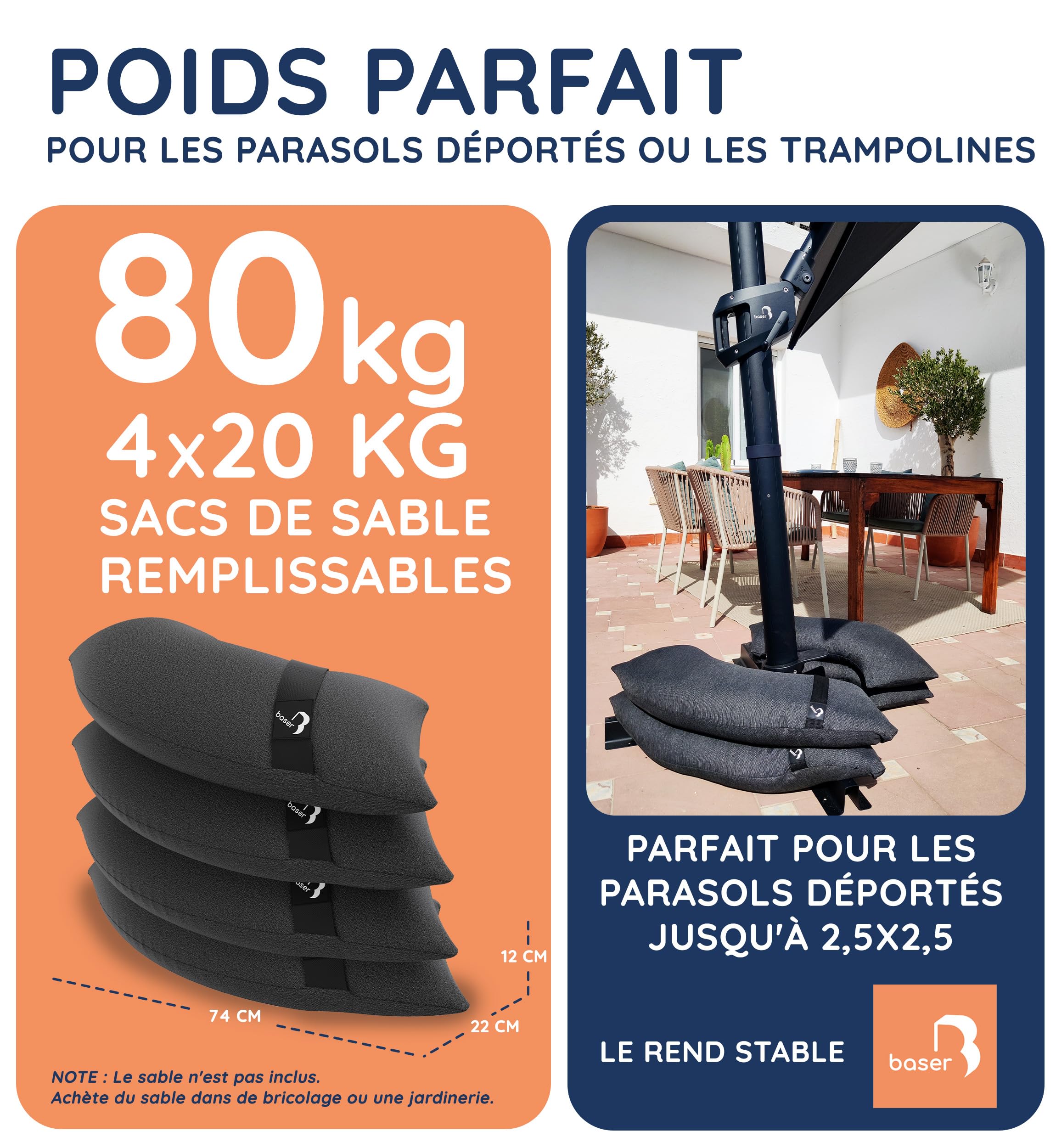 Baser Sacs de Lestage Ronds, 4 x 20kg Poids pour Tonnelle & Parasol de Jardin Exterieur, Base à Sable pour Tonnelle Pliante, Barnum Pliant & Store Banne, Gris