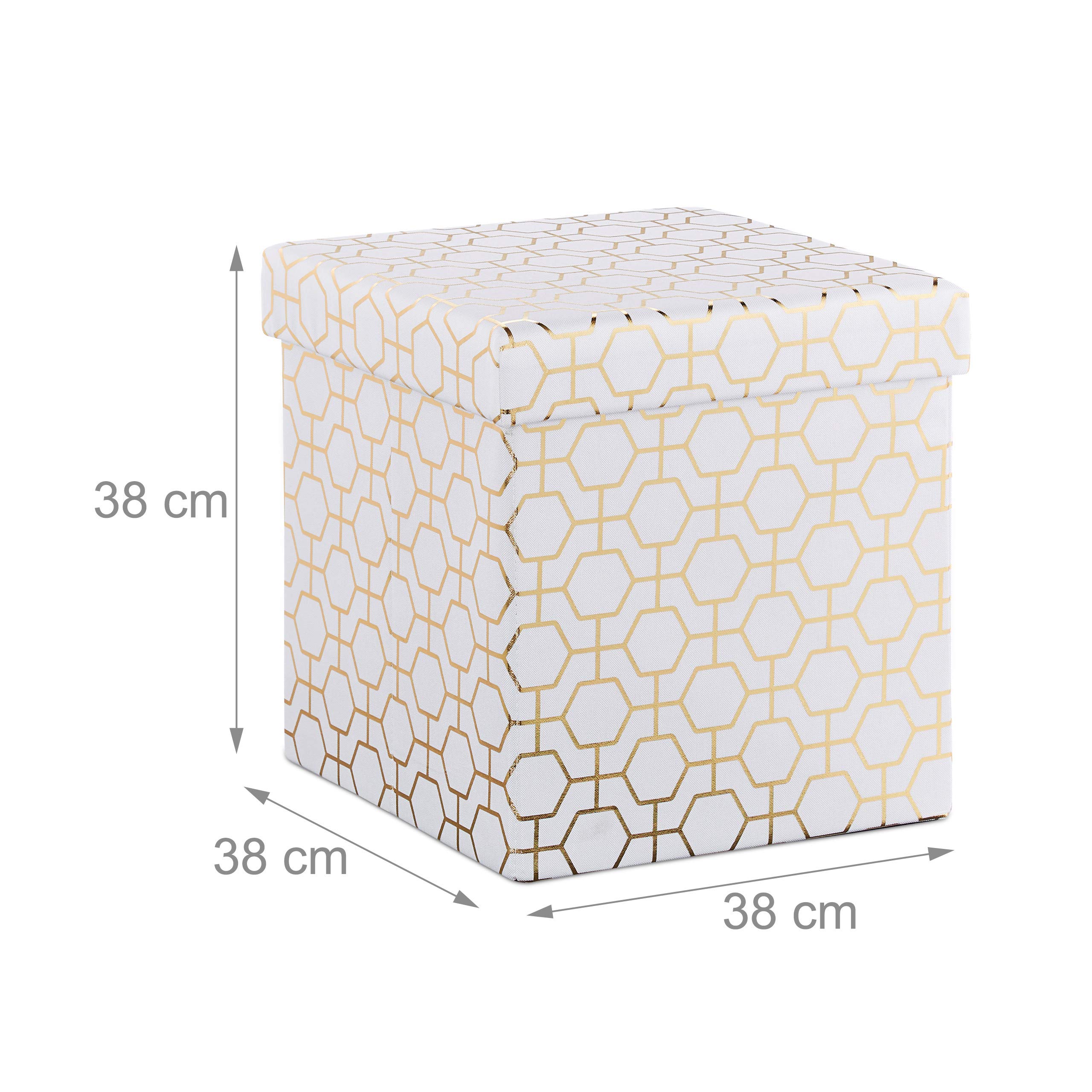 Relaxdays Pouf Pieghevole, Sgabello Imbottito con Coperchio, Motivi Geometrici, Spazioso, HLP: 38x38x38 cm, Bianco-Oro