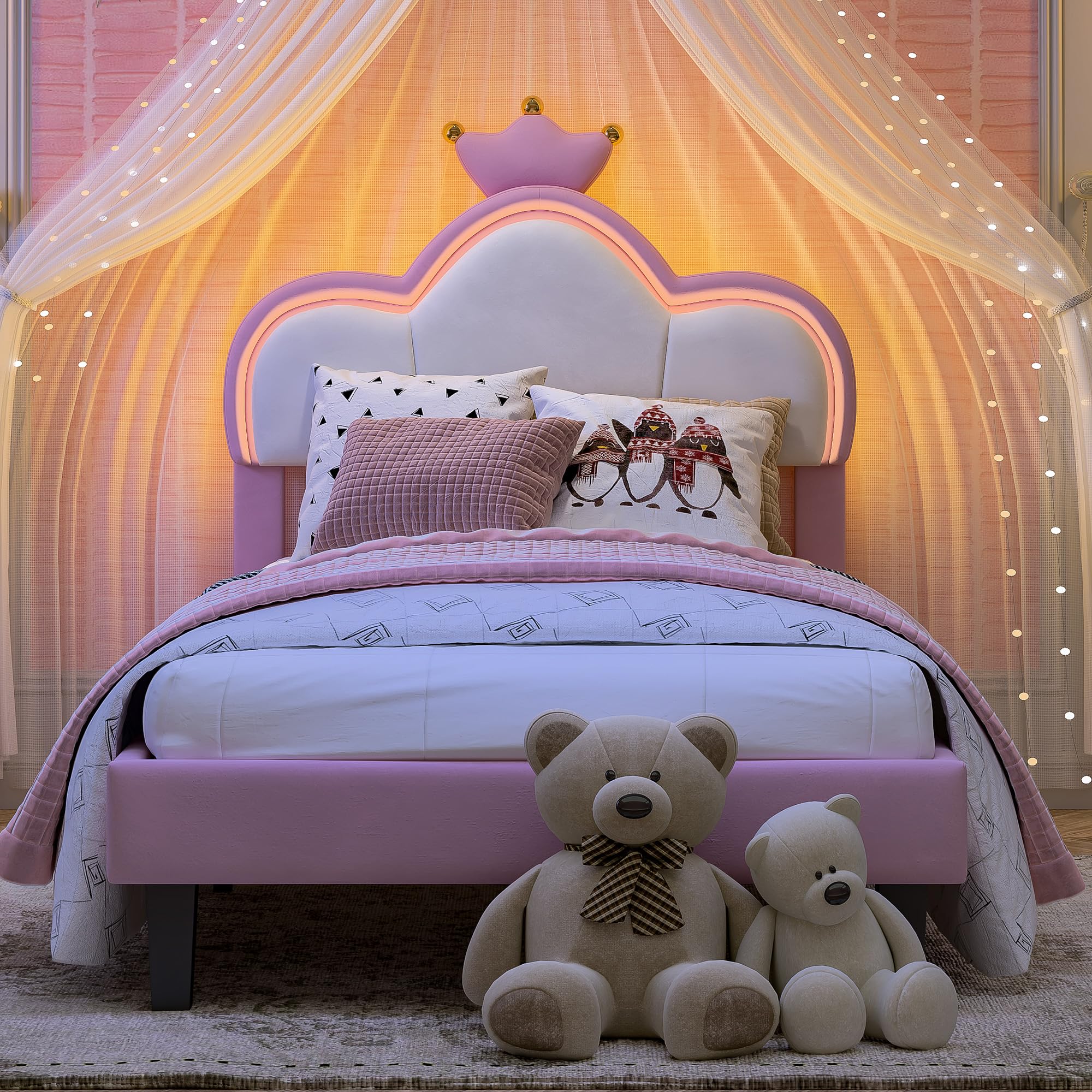 Letto singolo imbottito 90x200 cm per bambini, letto per bambine con illuminazione a LED e controllo tramite app, letto per bambini dal design a corona, testiera regolabile in altezza