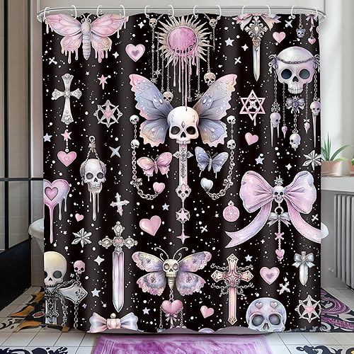 Miniatura 2 de Cortina de ducha con diseño de calavera negra y morado, de 60 pulgadas de ancho x 72 pulgadas de alto, esqueleto gótico gótico, polilla cruzada,