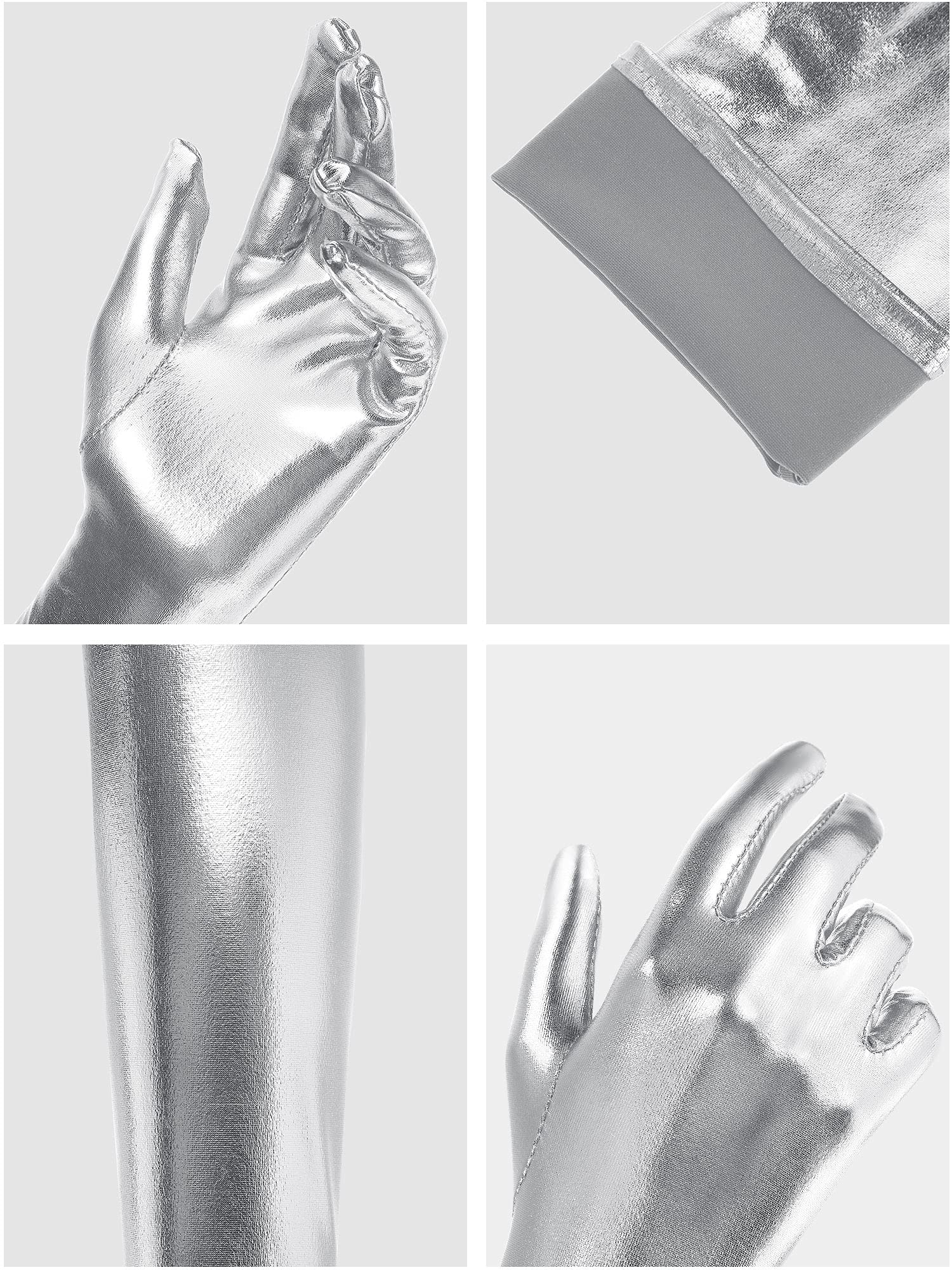 SATINIOR Women's Carnival Halloween Costume Elastic Spandex Shiny Wet Long Gloves and Thigh High Stockings: Silver