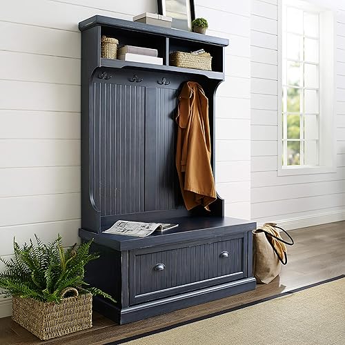 Miniatura 8 de Crosley Furniture Árbol de pasillo con zapatero y ganchos para colgar abrigos, color azul marino envejecido