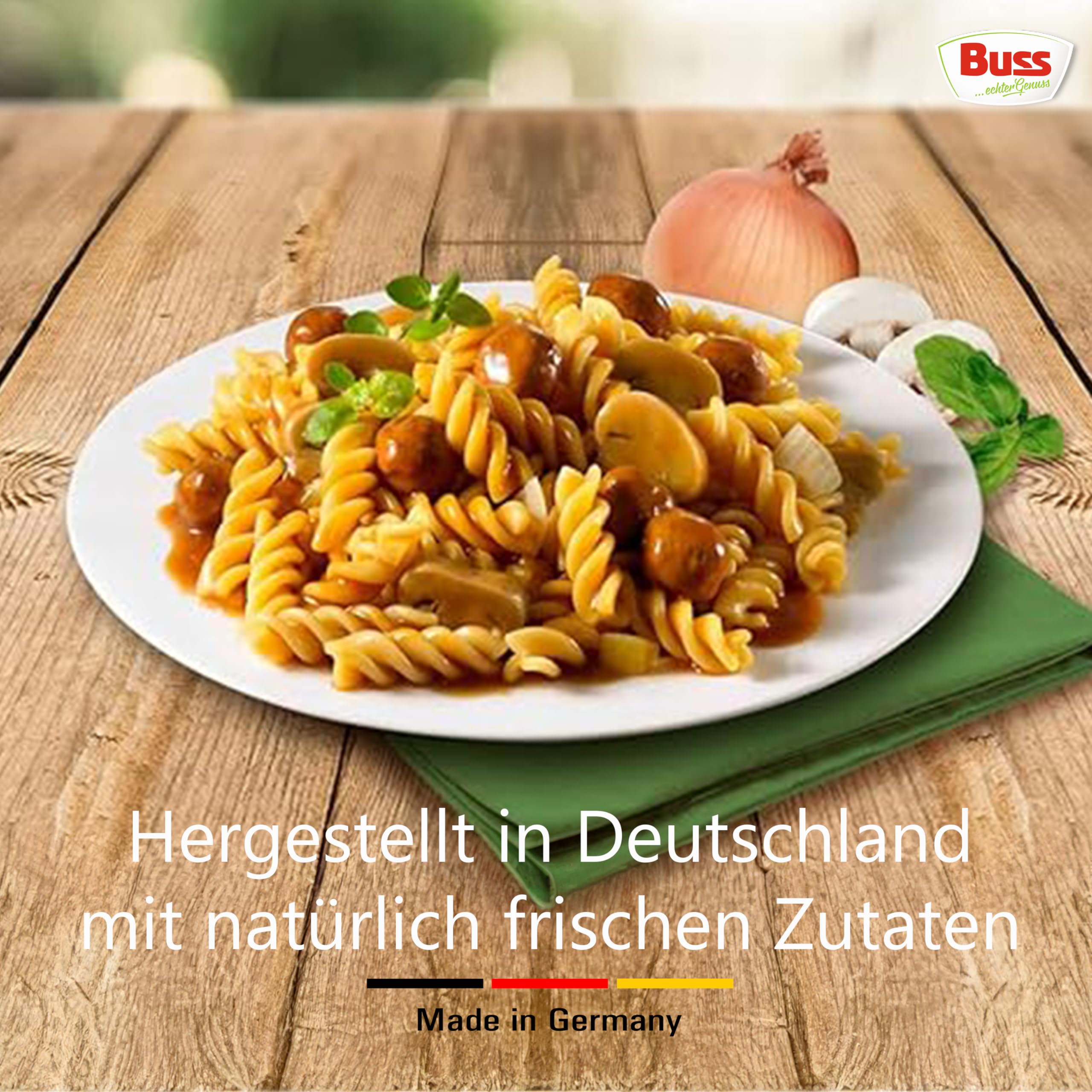 Buss Freizeitmacher Deftiger Jägertopf, 12 x 300g | Mit Nudeln, Fleischklößchen & Champignons - Fertiggerichte zum Aufwärmen in Mikrowelle & Topf - Schnell & Einfach Zubereitet