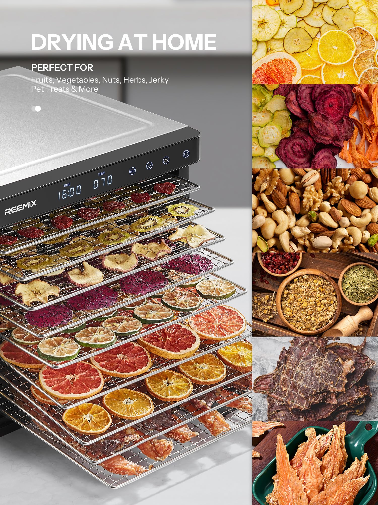 Déshydrateur alimentaire en acier inoxydable 1000W, contrôle digital, 9 plateaux, surface 0,8 m², température 30–75°C, minuterie 30 min–48h, écran LCD tactile