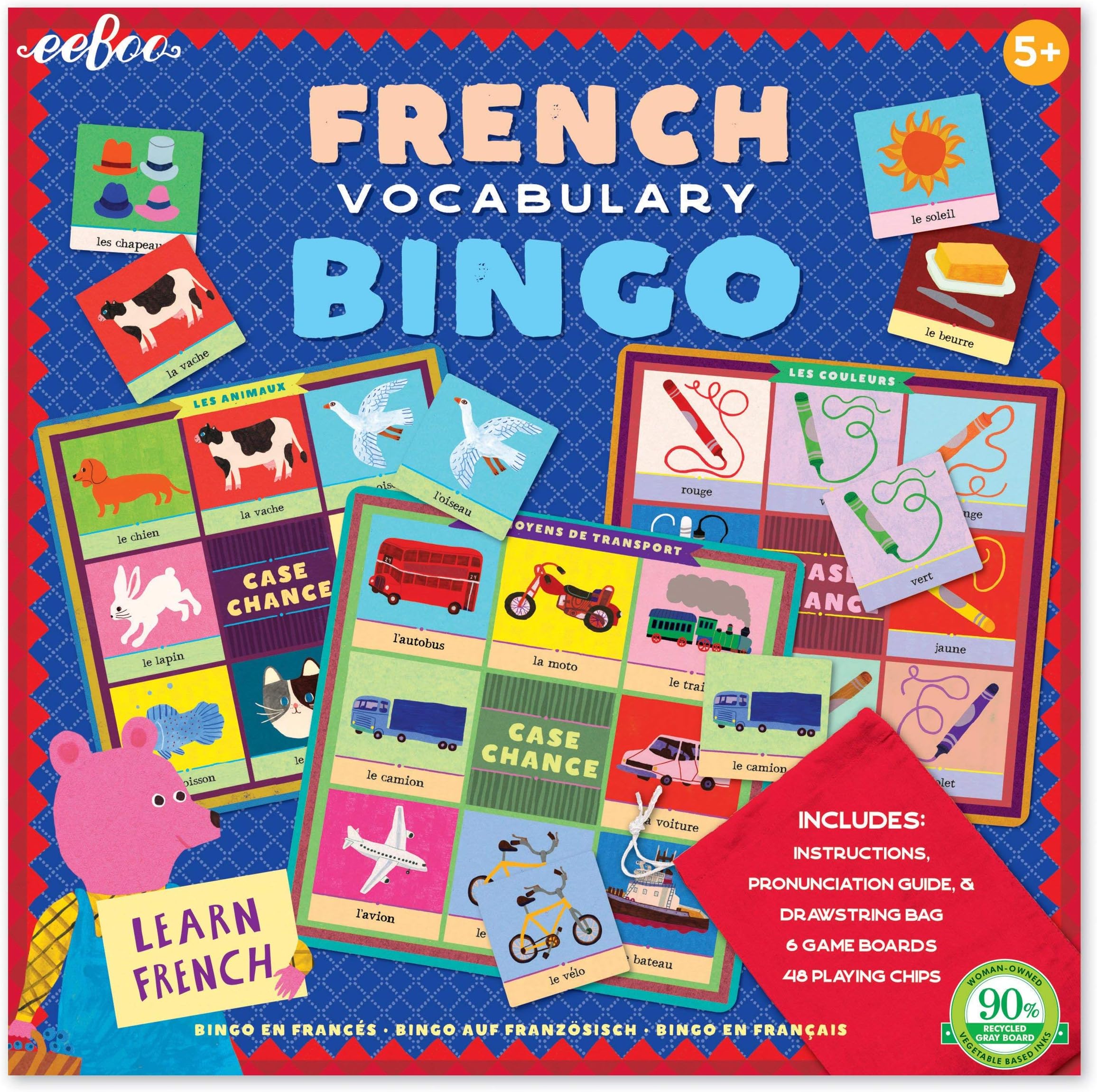 eeBoo: French Bingo Vocabulary Game, Pronunciation Guide & Drawing Bag, 6 Game Boards, 48 Play Chips, 2-6 Players, Ages 5+