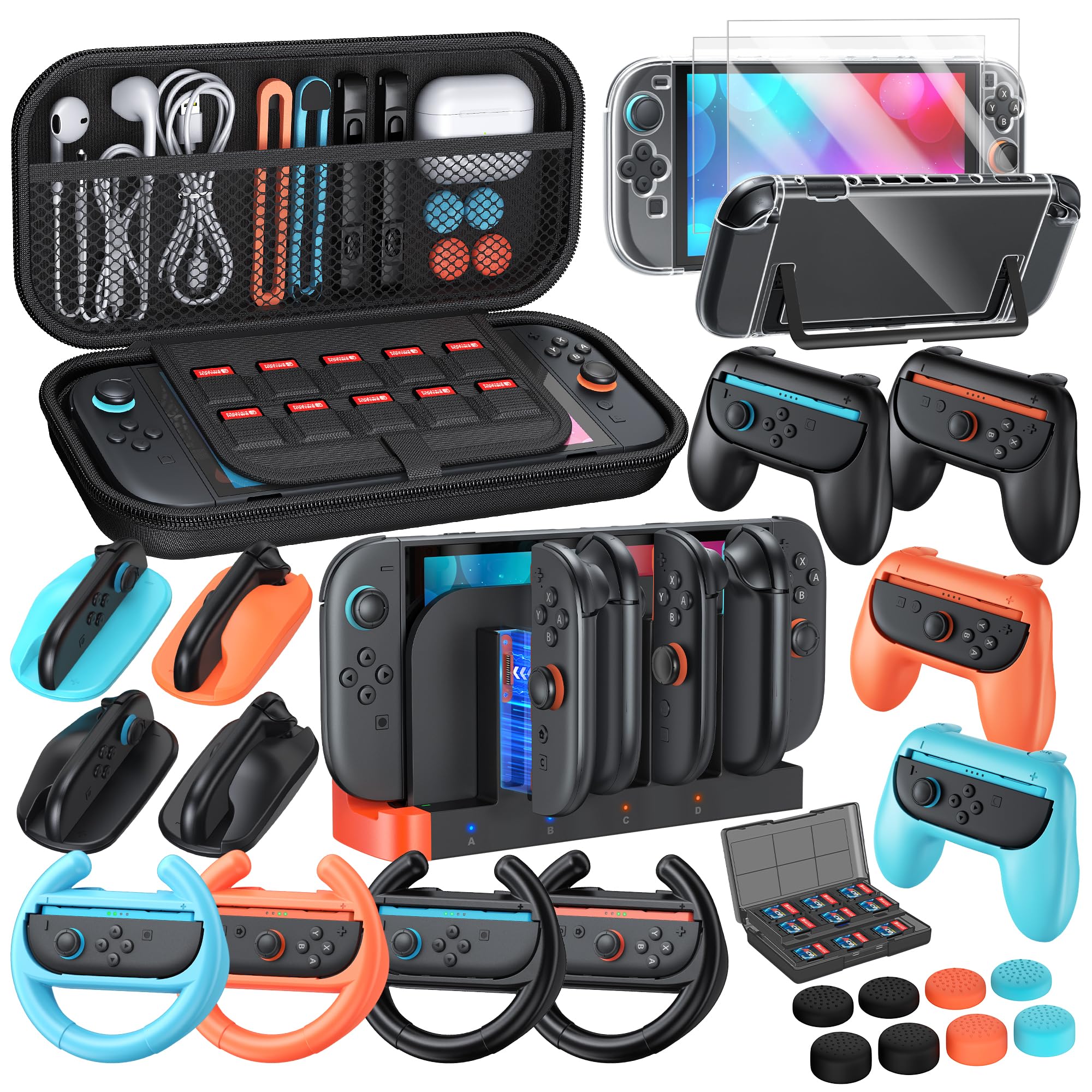 YUANHOT Family Accessories Bundle for Nintendo Switch 2, 32-IN-1 Holiday Essentials Set Kit: Travel Carrying Case for Switch 2, Controller Charging Dock, Protective Case, Tempered films, 12 x Grips for JoyCon2