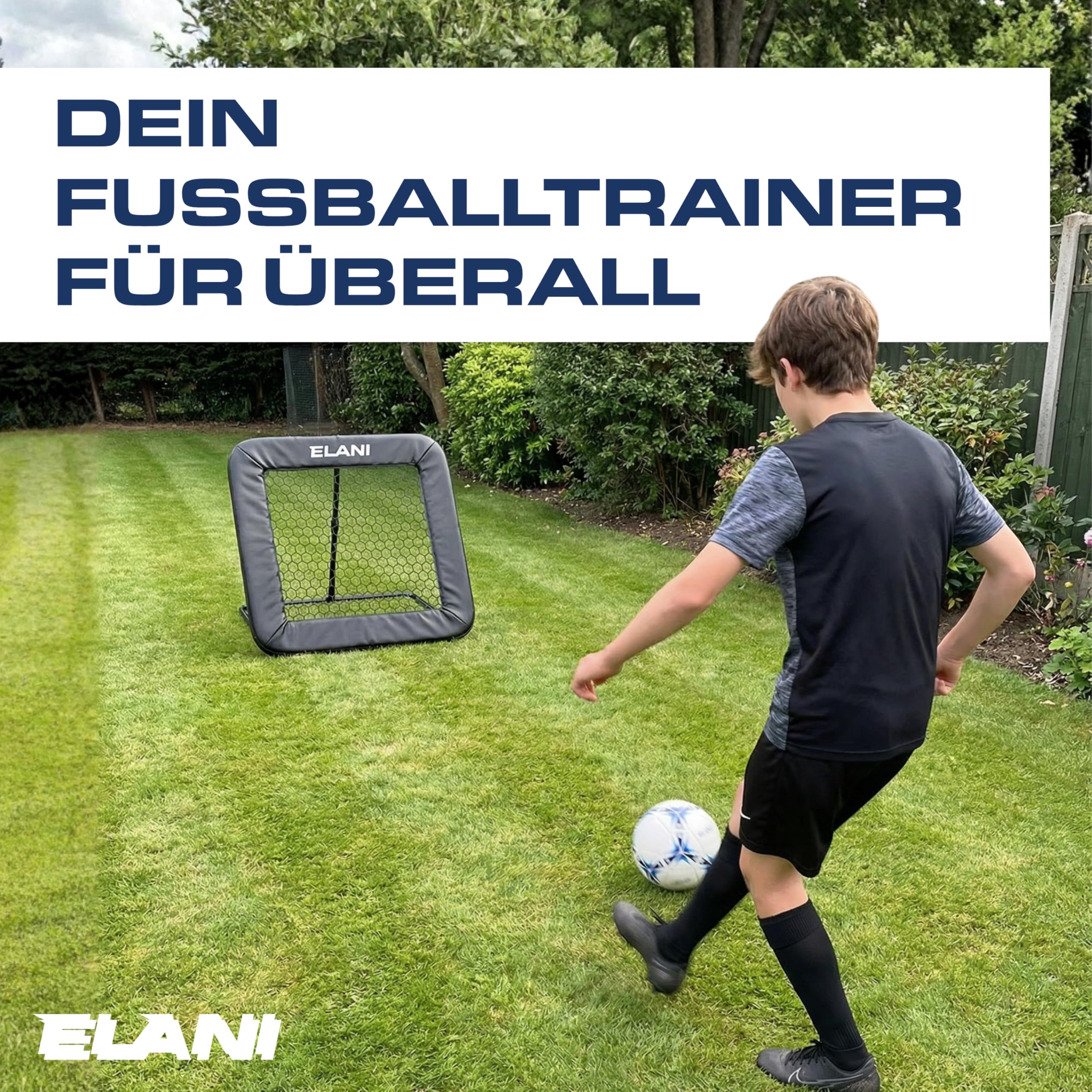 ELANI - Rebounder für Fußball mit Schutzrand & Heringen für sicheren Stand - Fussball Rebounder mit stabilem Rahmen - Tornetz - auch für Handball & Volleyball - Fußball