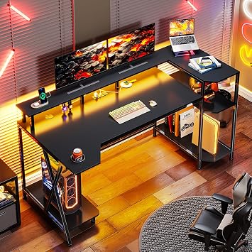 SEDETA Gaming Desk 55'' with LED Lights and Storage Shelves, Black