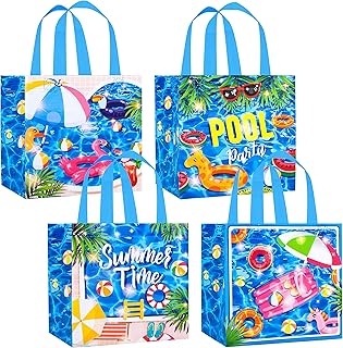 12Pcs Pool Party Favors Gift Bags Summer Beach Swimming Pool Theme Non-Woven Gift Treat Bags with Handles for Hawai Summer Pool Party Supplies