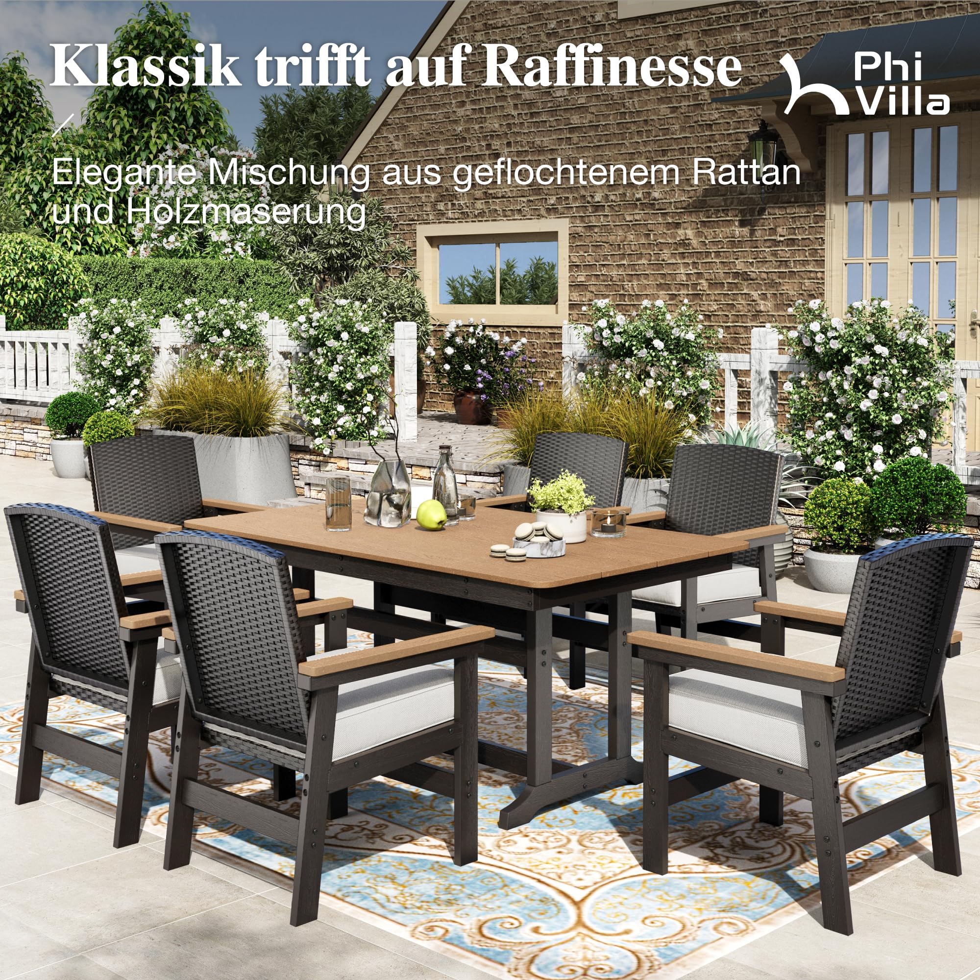 PHI VILLA 7-teiliges Rattan Gartenmöbel Set mit Esstisch und 6 Stühlen, Gartentisch Wetterfest und Gartenstuhl mit Dickerem Kissen, E-Beschichtung Metall Terrassenmöbel Outdoor Balkonmöbel Set für 6