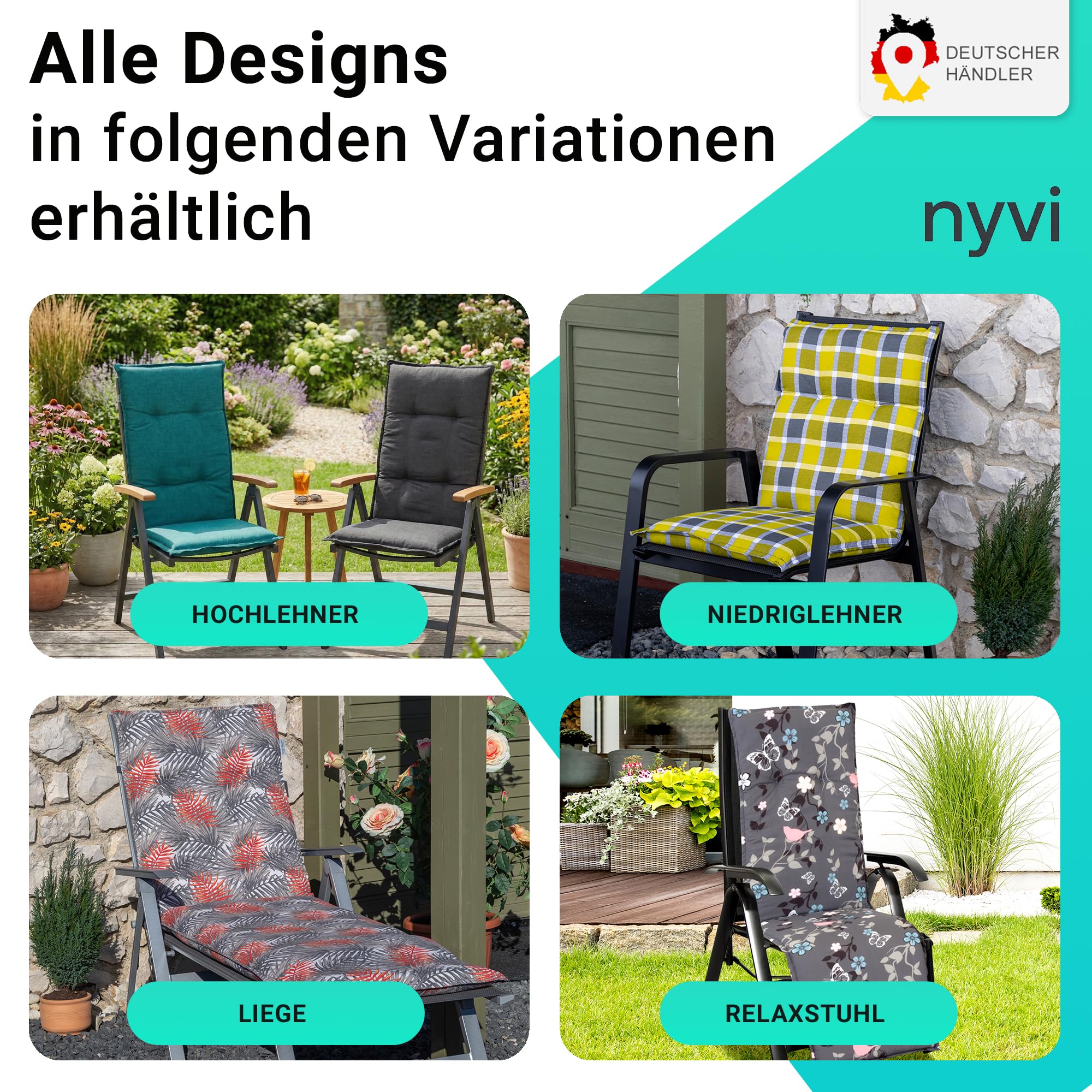 NYVI Gartenstuhl Auflagen Niedriglehner 4er Set Barcelona - UV-Beständig, Atmungsaktiv, Strapazierfähig - Niedriglehnerauflagen Sitzkissen Outdoor - Sitzauflagen 100x50cm Blume Hellblau