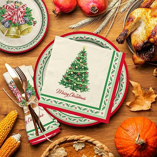 Miniatura 4 de Kit de suministros de fiesta de Navidad, sirve 50, vajilla desechable para árbol de Navidad incluye platos de cena de papel, platos de postre y