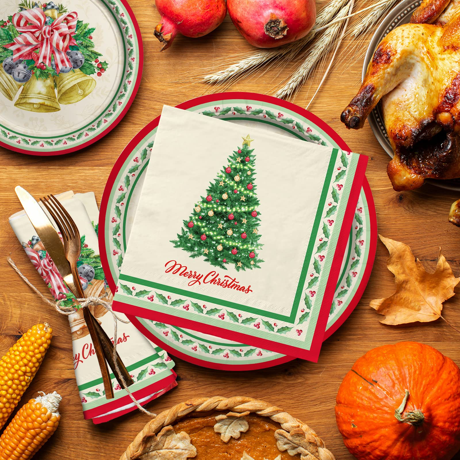 Kit de suministros de fiesta de Navidad, sirve 50 unidades, vajilla desechable de árbol de Navidad incluye: platos de papel para cena, platos de postre y servilletas, ideal para decoraciones de fiesta