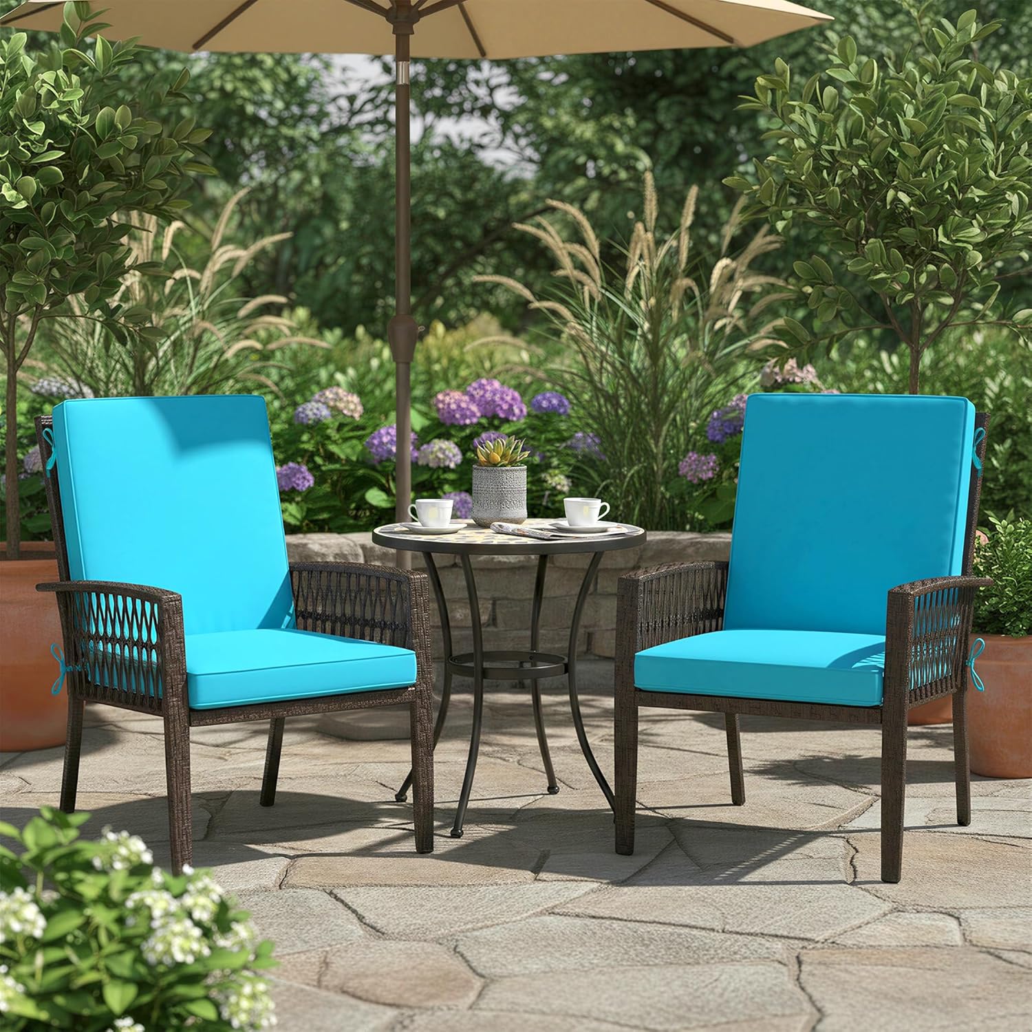 Summsun Patio Dining Chair Cushions with Non-Slip Bottom, Water Resistant Outdoor Seat Cushion with Ties, Removable Covers for Garden Lawn Patio Furniture, 44 x 20 Inch, Teal, Set of 2