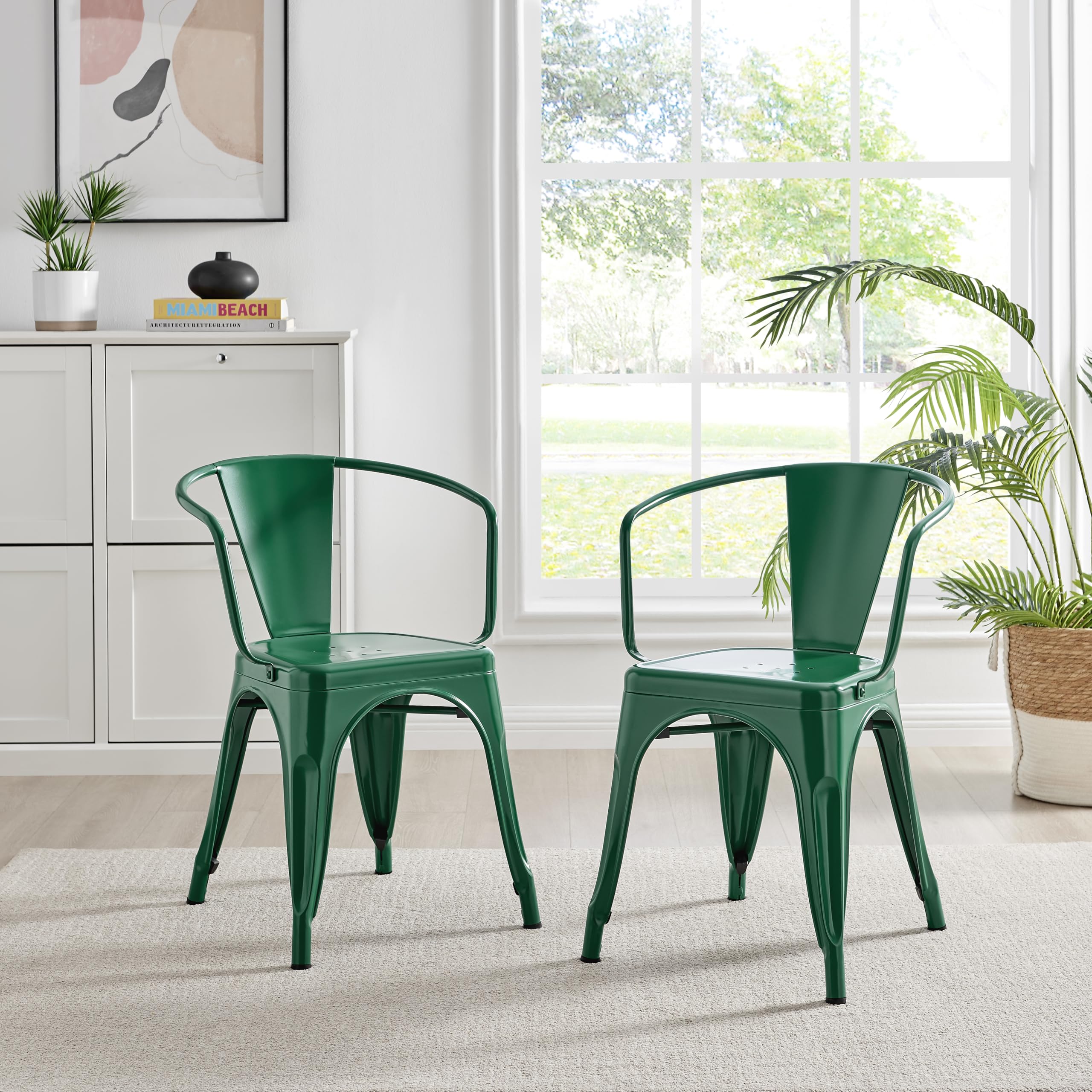 Furniturebox UK Colton 2x Dark Green Metal Dining Chairs with Arms for ...