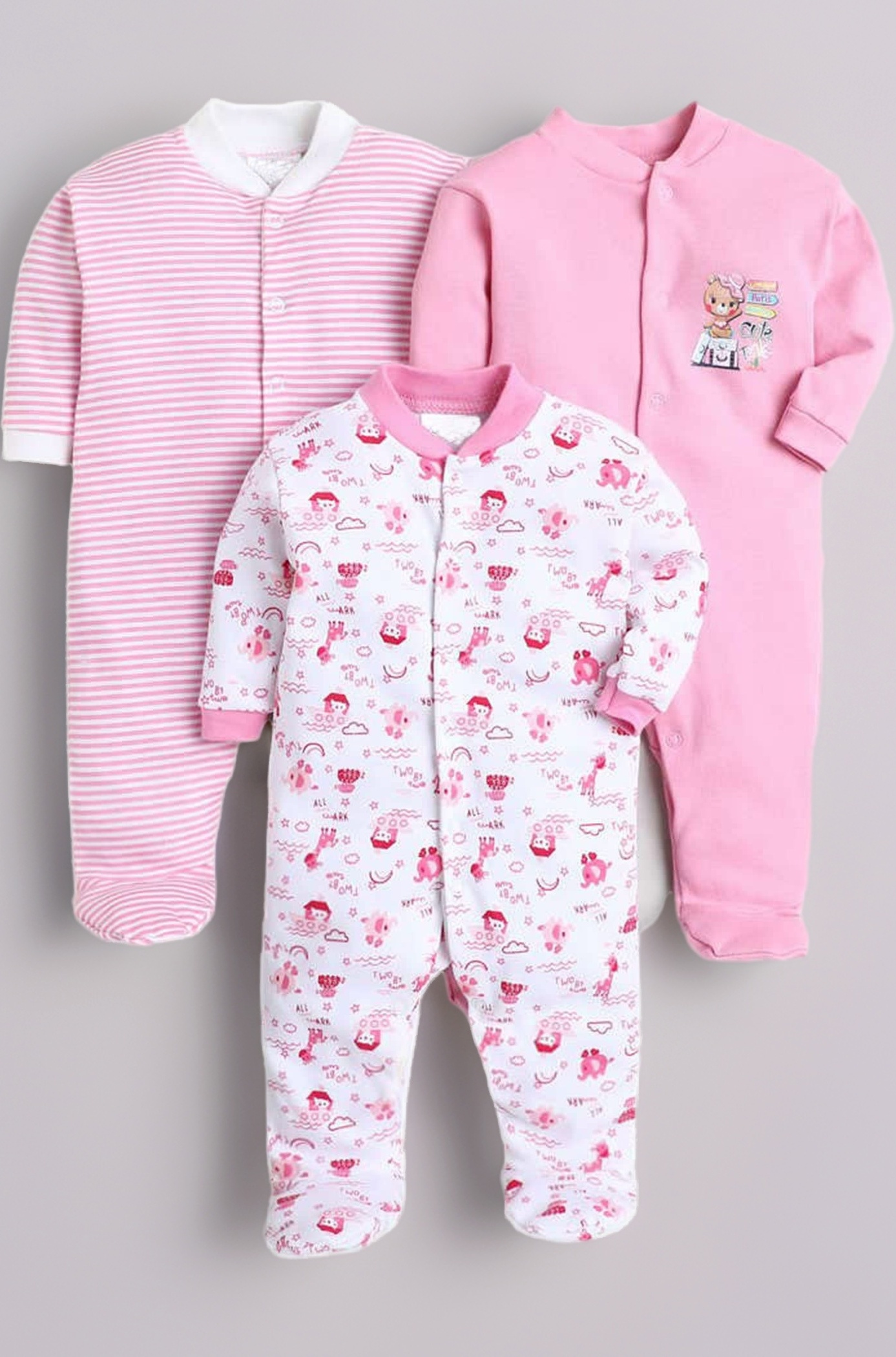 EIO 100% Cotton Baby Rompers Sleepsuits Jumpsuits Night Suits for Newborn Baby Boys & Girls | Soft Infant Bodysuit | Pack of 3 Kids Rompers