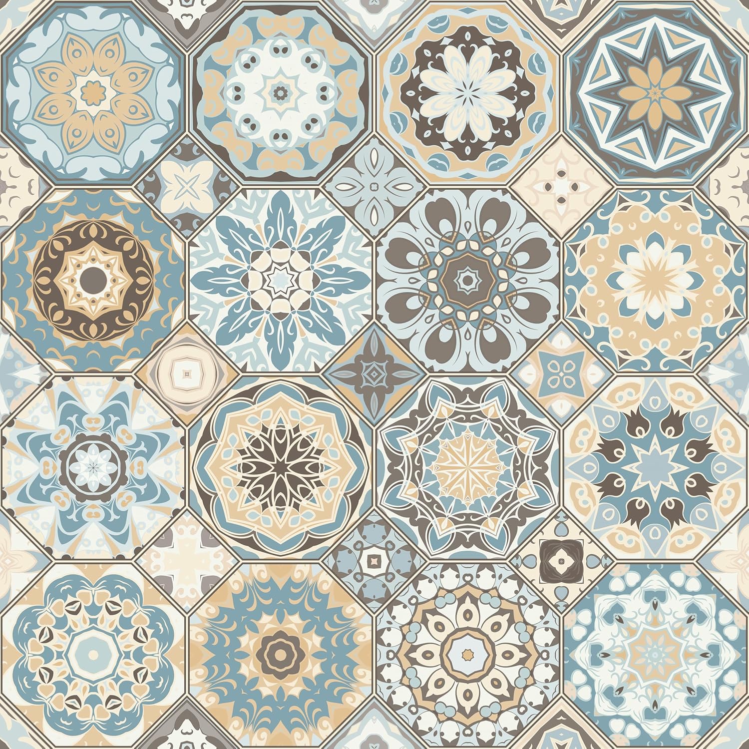 Boho Wallpaper Peel and Stick Bohemian Tiles Contact Paper Peel and Stick Backsplash 17.5"x118" Blue Geometric Wallpaper Self Adhesive Waterproof Contact Paper for Cabinets Bathroom Walls