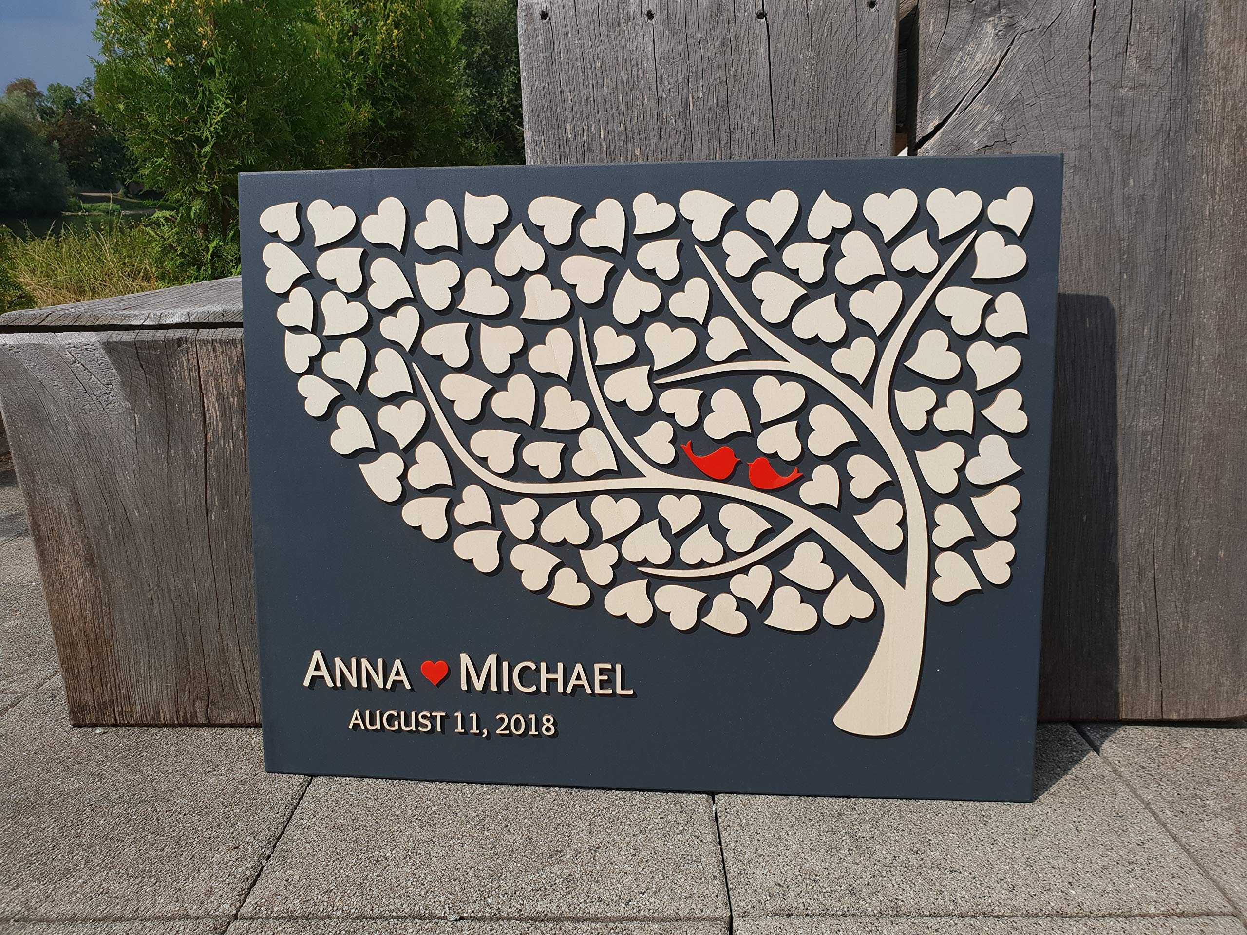 Manschin-Laserdesign Personalisiertes 3D Gästebuch aus echtem Holz - Baum - Gästebuch Alternative - (Hintergrundfarbe Dunkelgrau)