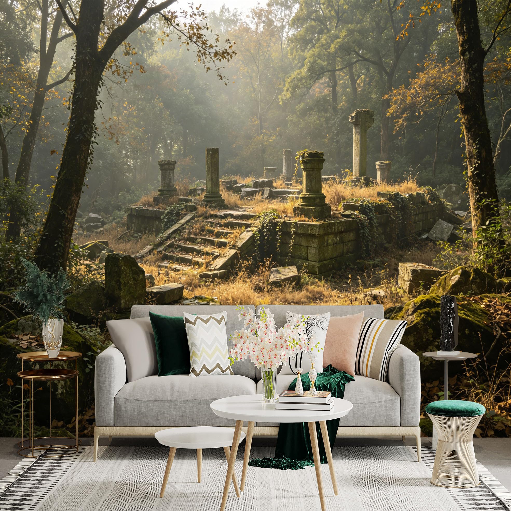 Custom Size Wall Sticker Mural， Ancient Stone Ruins in Autumn Forest with Sunlight and Moss， for wall Decoration， peelandstick wall Decals.