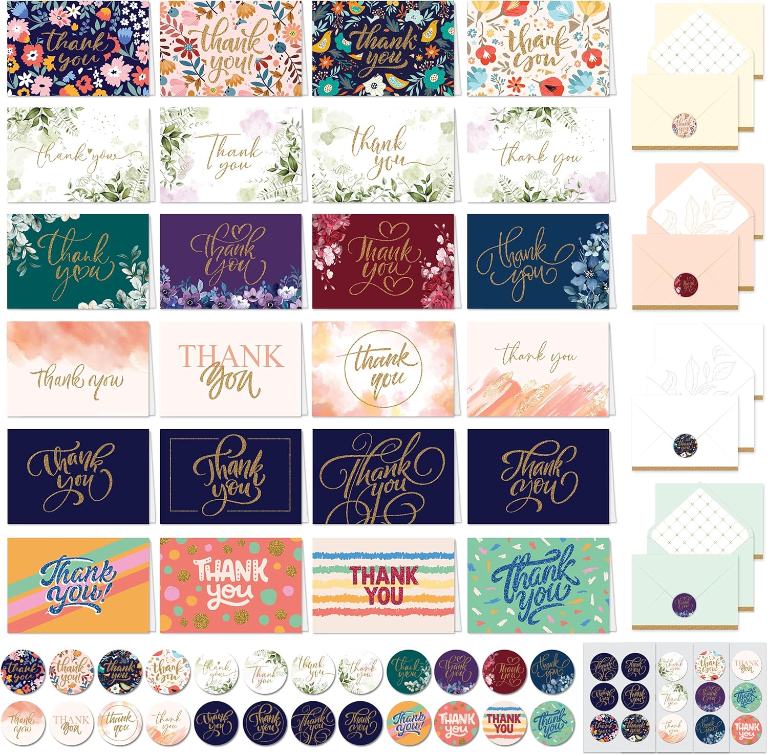 Decorably 24 Pack Glittery 6x4in Assorted Thank You Cards with Envelopes and Stickers, 24 Unique Beautiful Designs Thank You Card Assortment, Blank Inside - Wedding, Baby Shower, Birthday