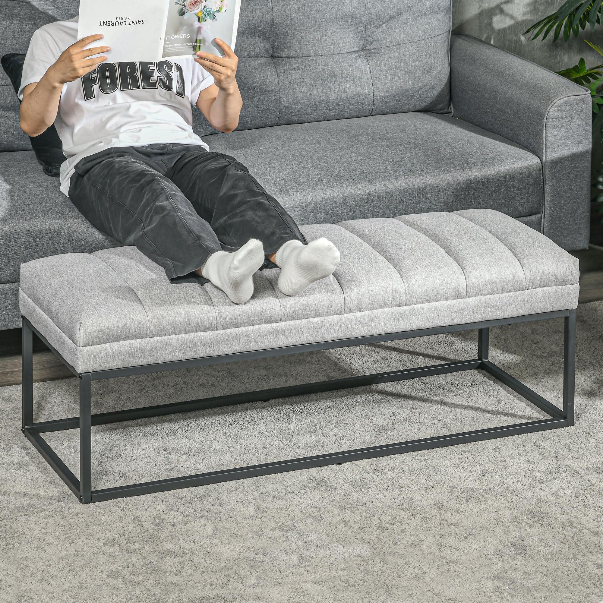 HOMCOM Banc Banquette Moderne Bout de lit rembourré en Tissu Aspect Lin et Structure en Acier Noir, idéal pour entrée, Salon, Chambre, Charge 200 Kg, 120 x 44 x 45,5 cm, Gris