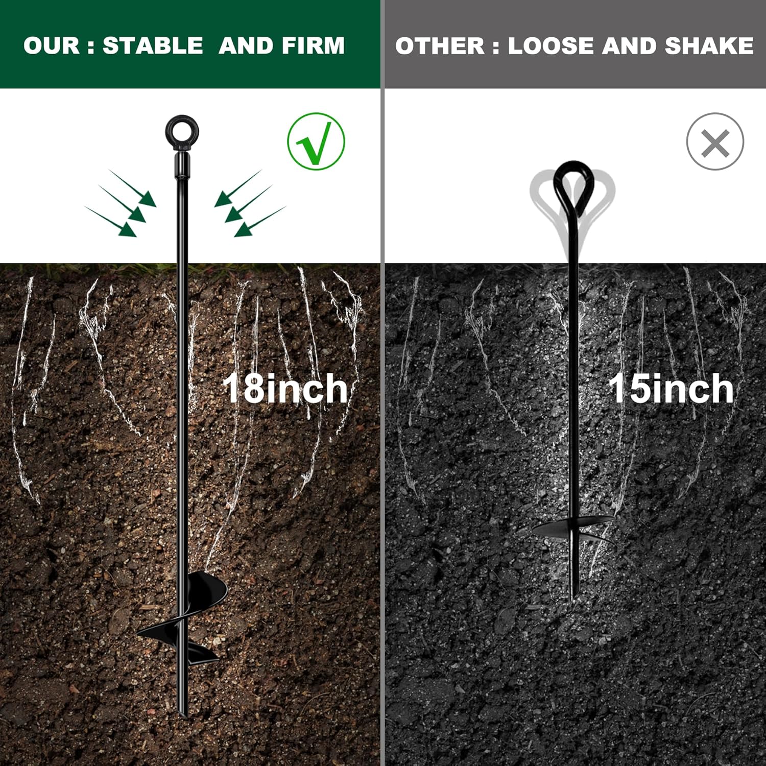 18" Ground Anchor Kit 6pcs, 3" Extended Helix Diameter Earth Anchor, Heavy Duty Spiral Earth Anchors Shed Anchor Hook for Camping Tent, Car Ports, Sheds, Swing Sets, Canopies, Securing Animals