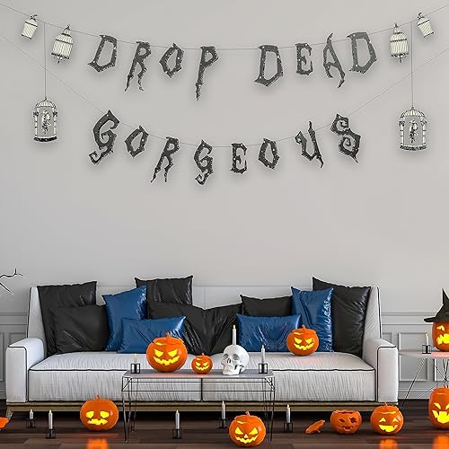 Cheerland Cartel temático de jaula de cuervo de Halloween con purpurina negra para decoración gótica de Halloween, pájaro de cuervo y guirnalda de